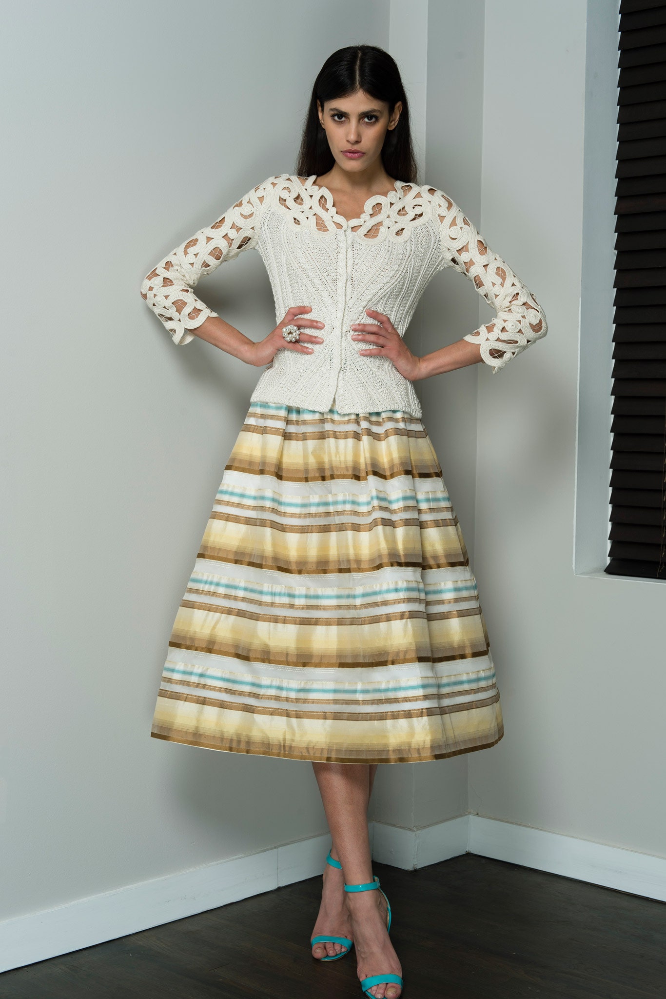 white embroidered blouse and midi skirt