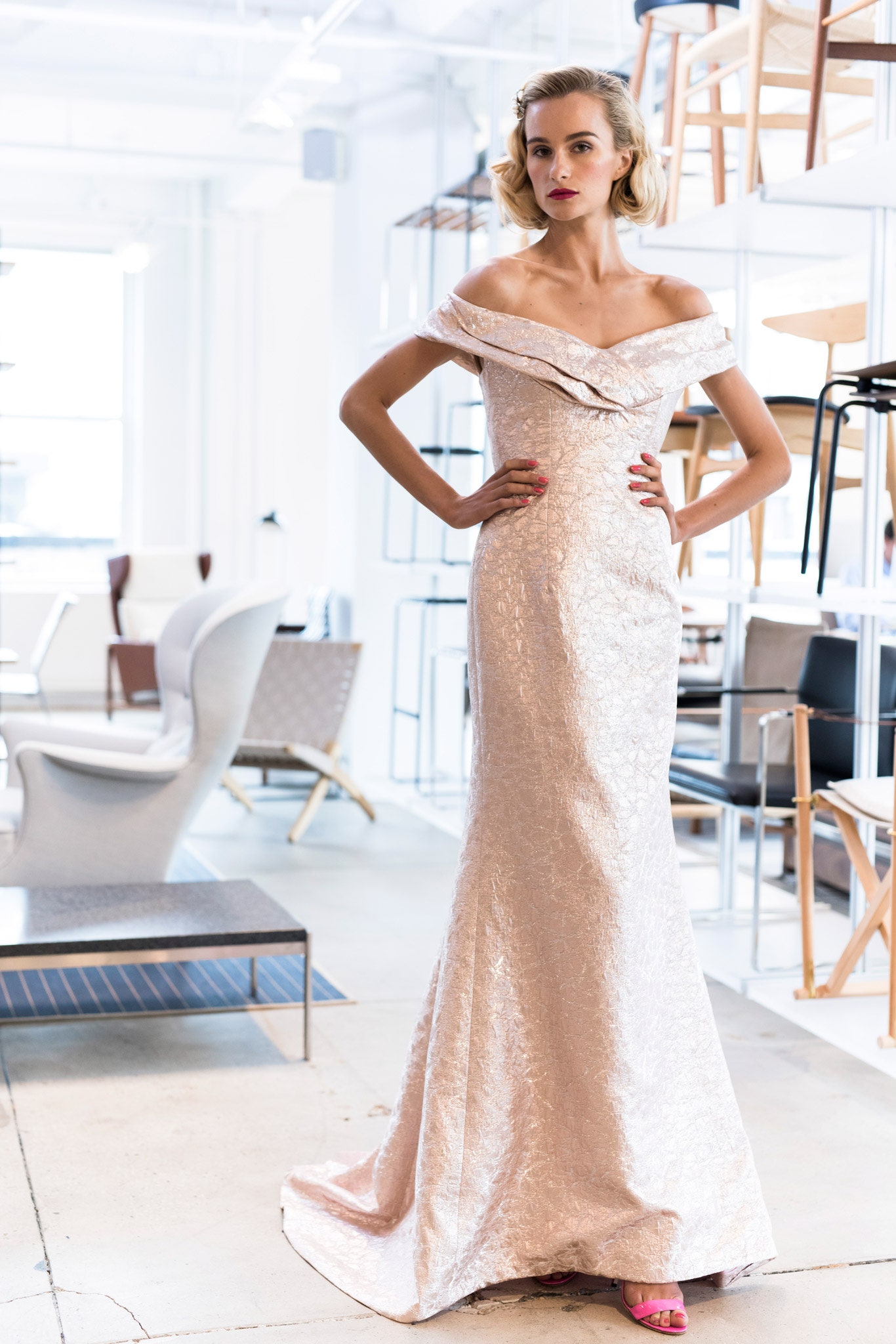 pink silk off-shoulder gown