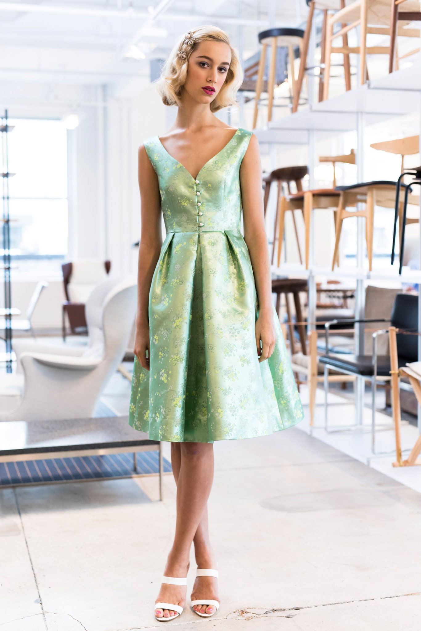 fitted green silk midi dress
