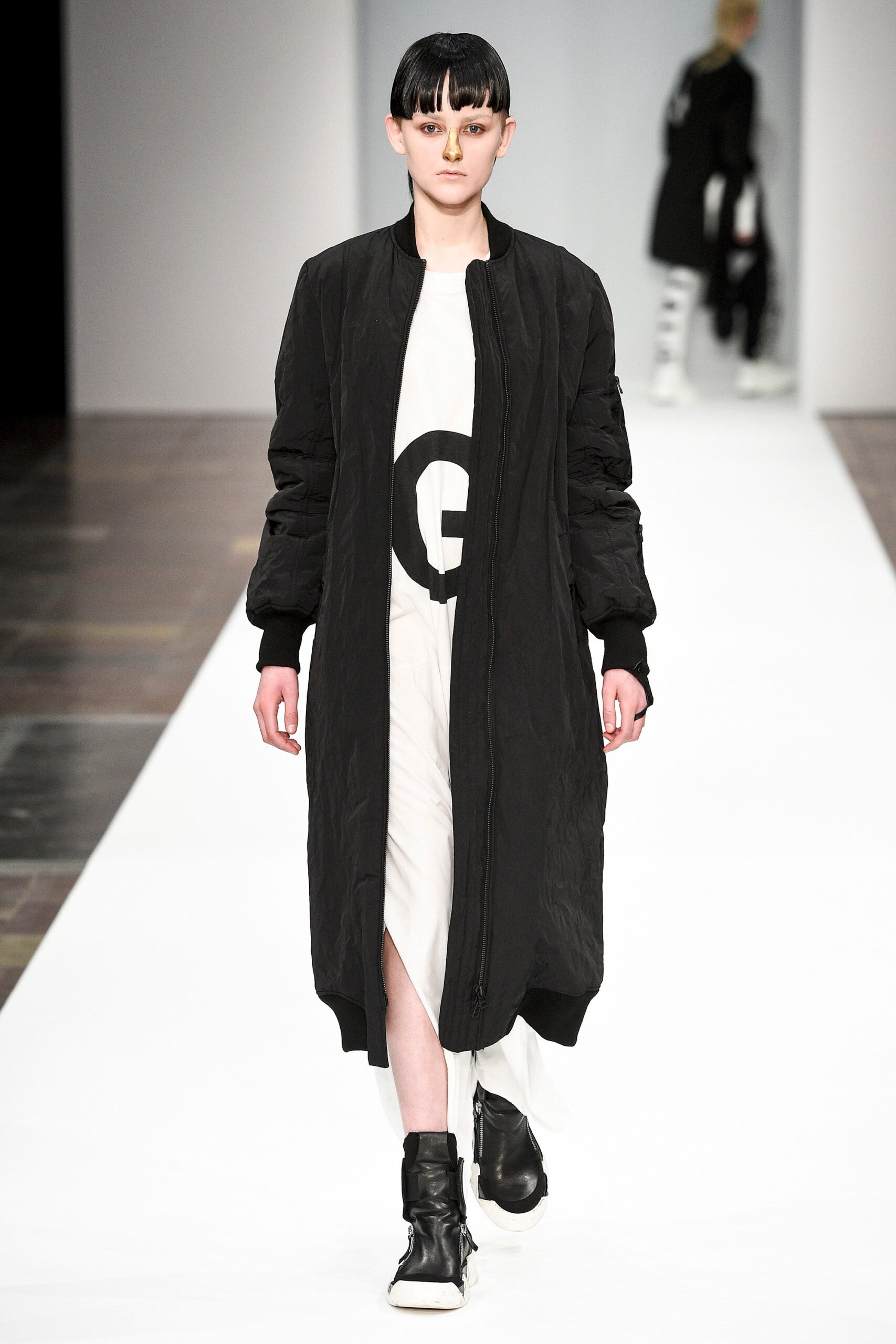 black coat white dress
