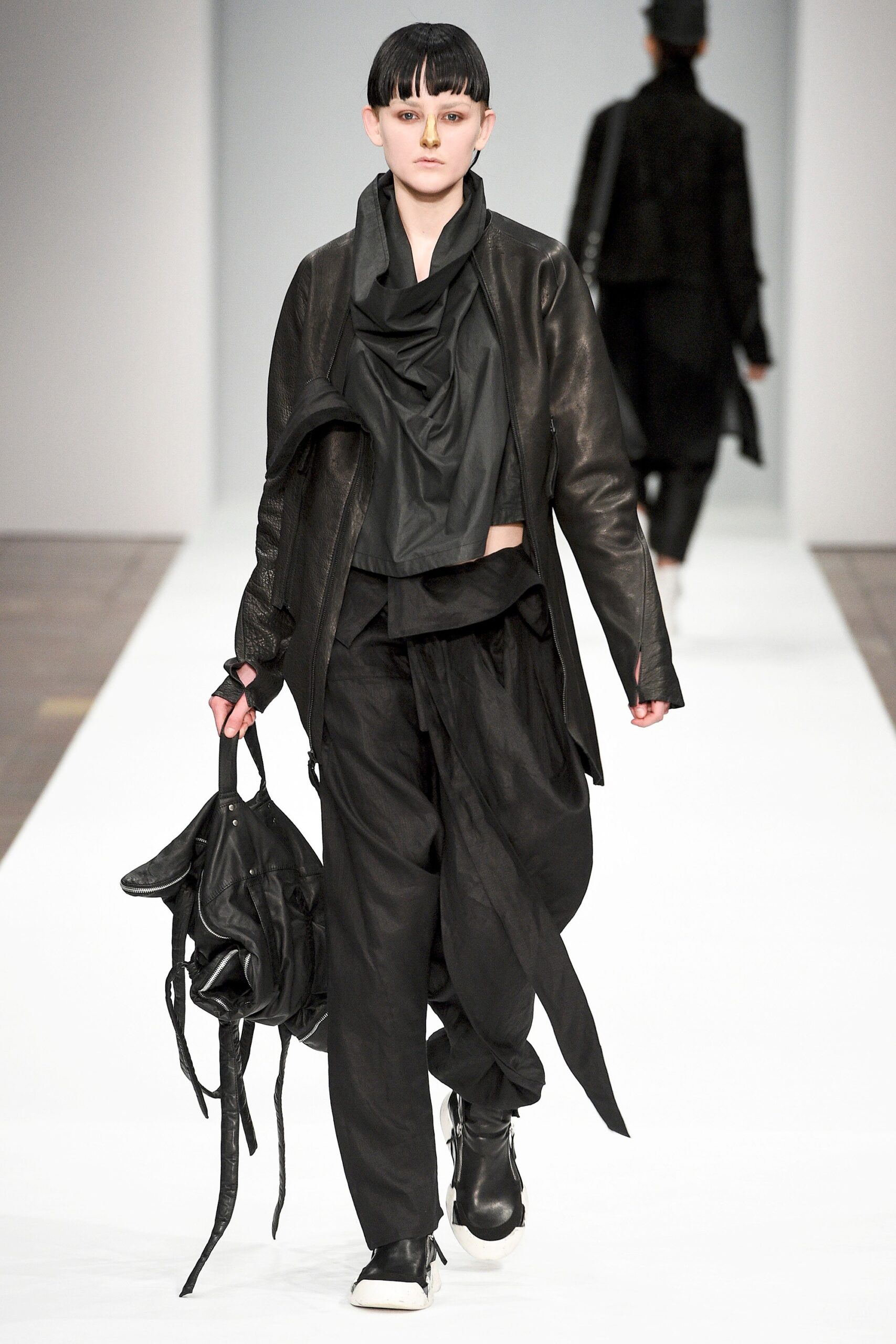 black leather long-sleeve collared fitted draped jacket