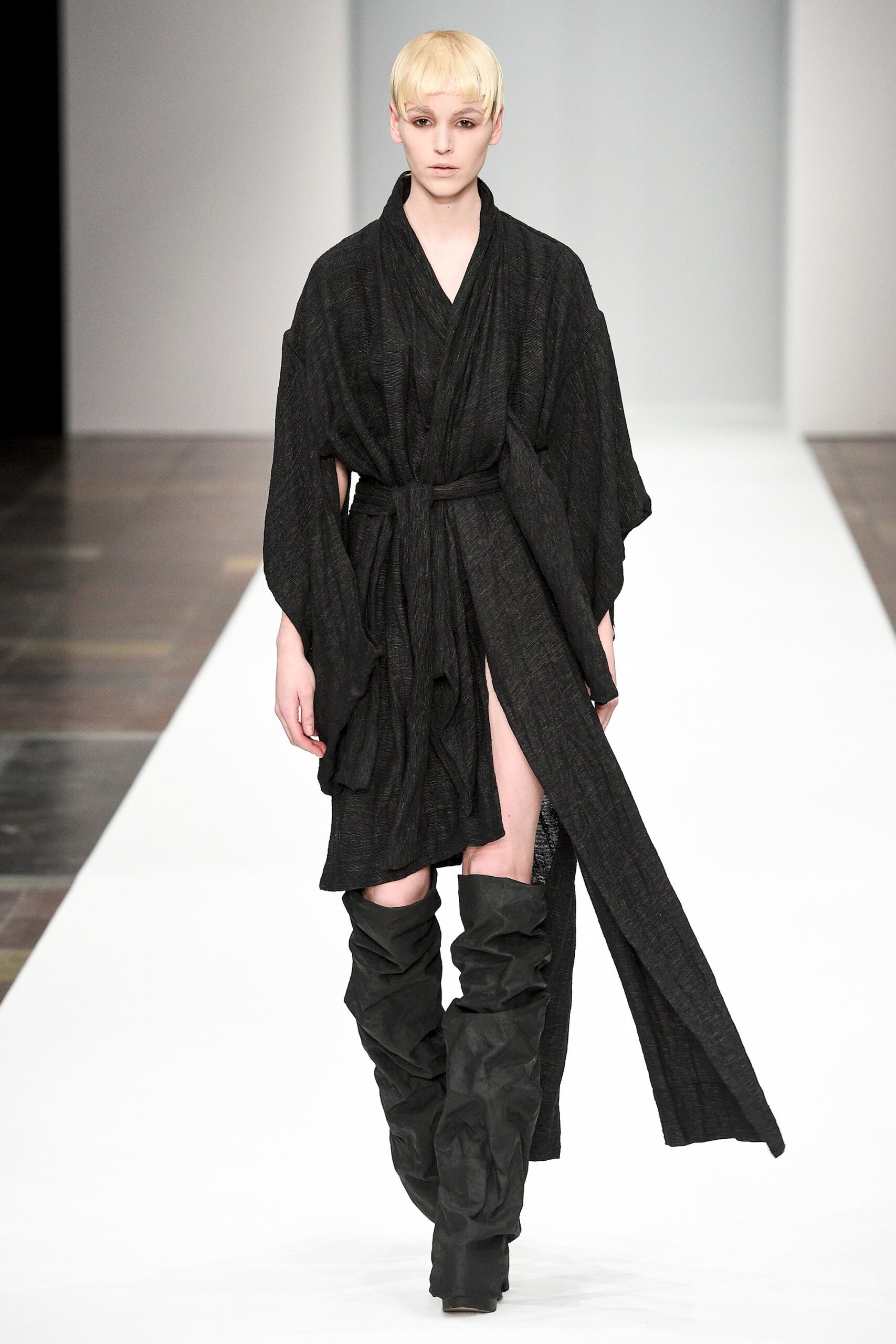 black relaxed wrap dress with fitted pants