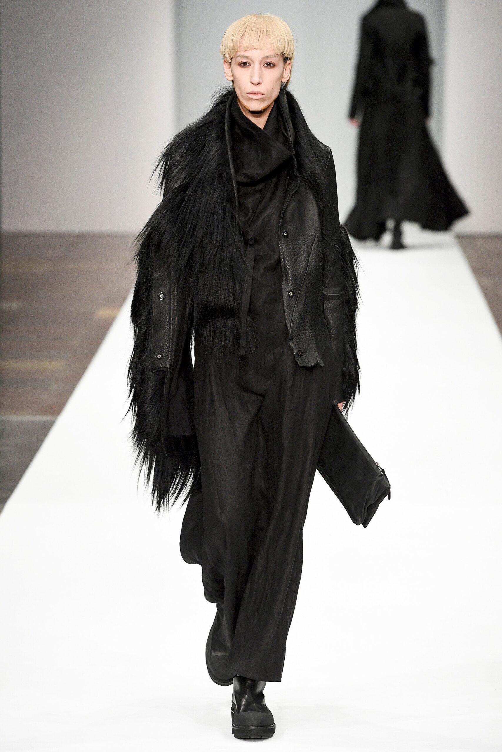 black leather long-sleeve collared relaxed layered coat
