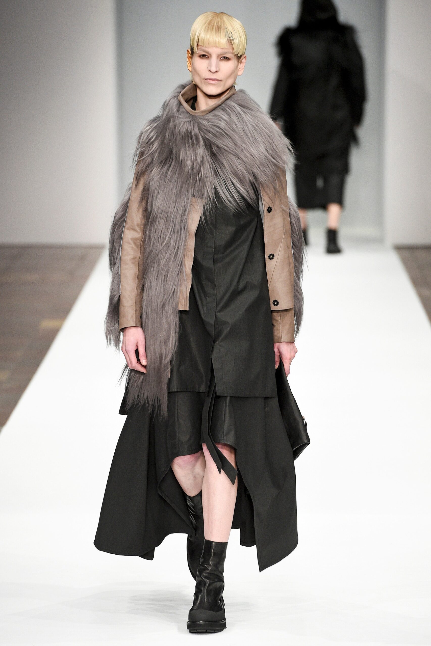 black midi dress with beige coat