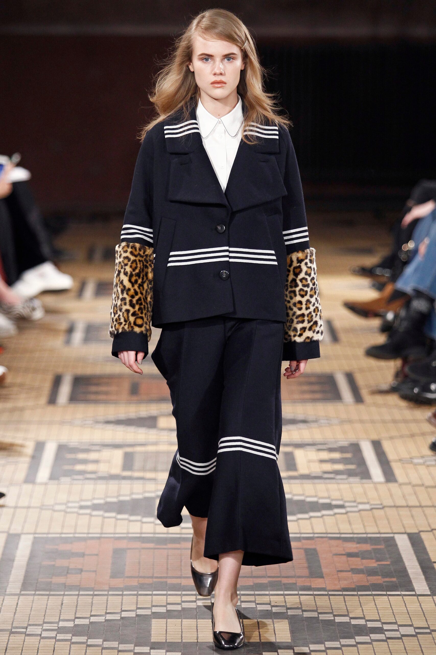 black wool jacket with leopard sleeves