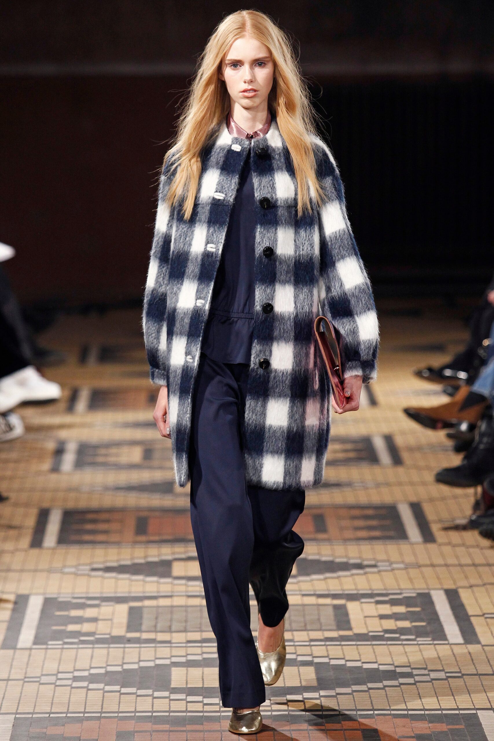 blue and white checked coat