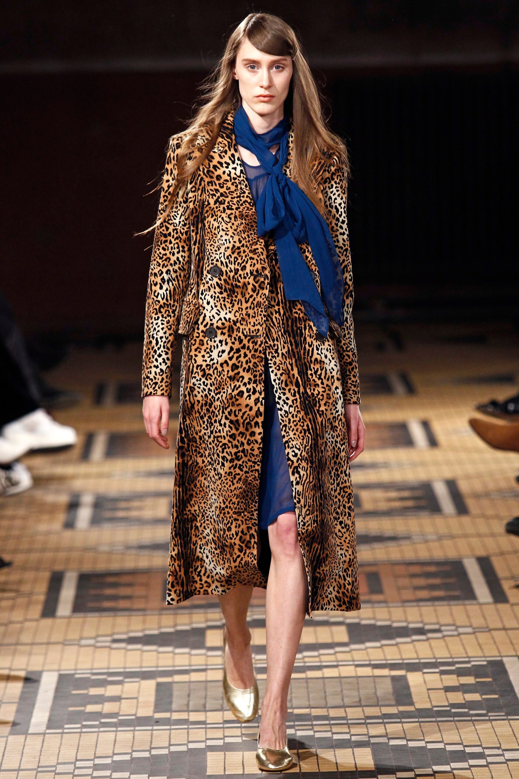 brown animal-print coat with blue dress