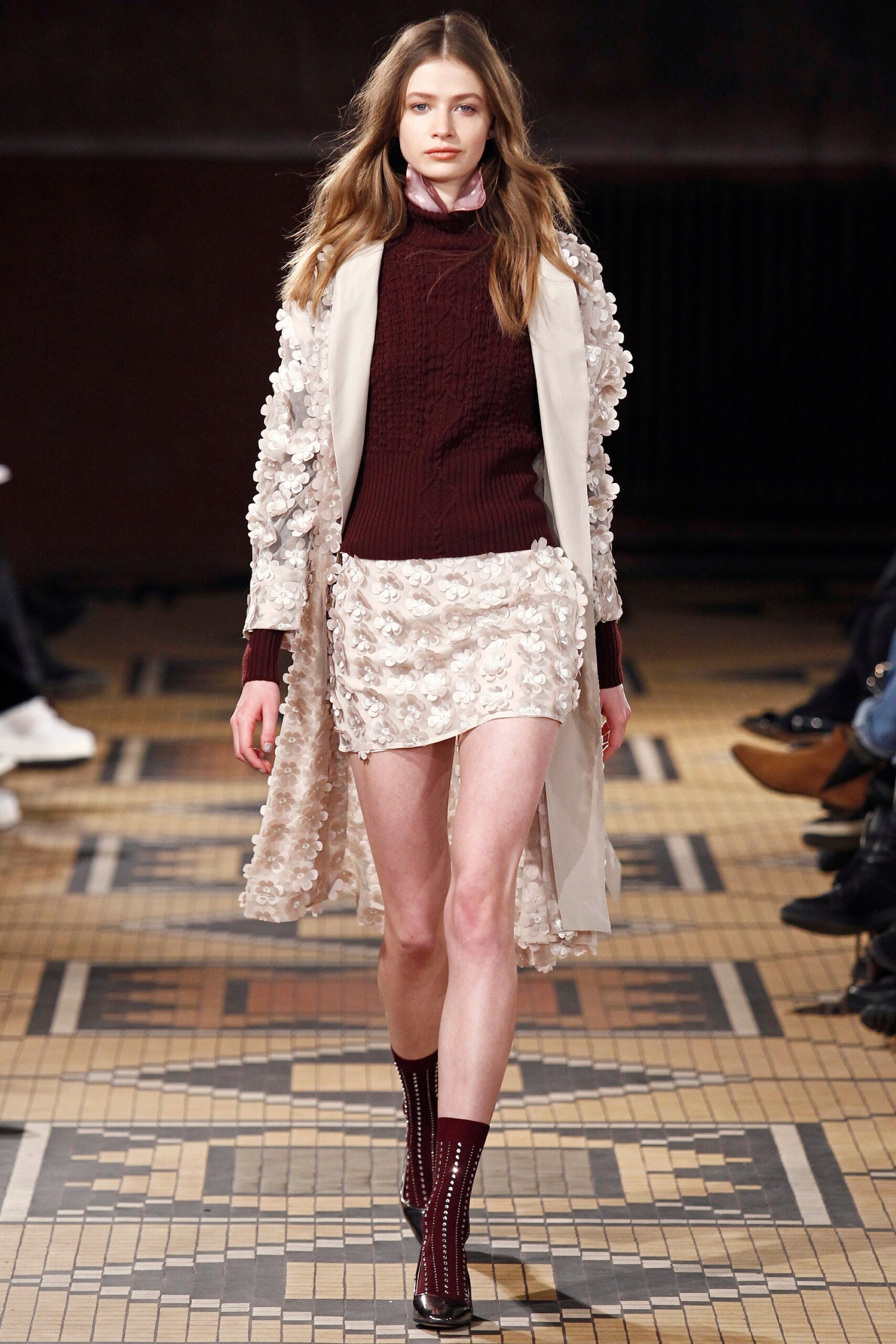 mini white pleated dress with beige coat