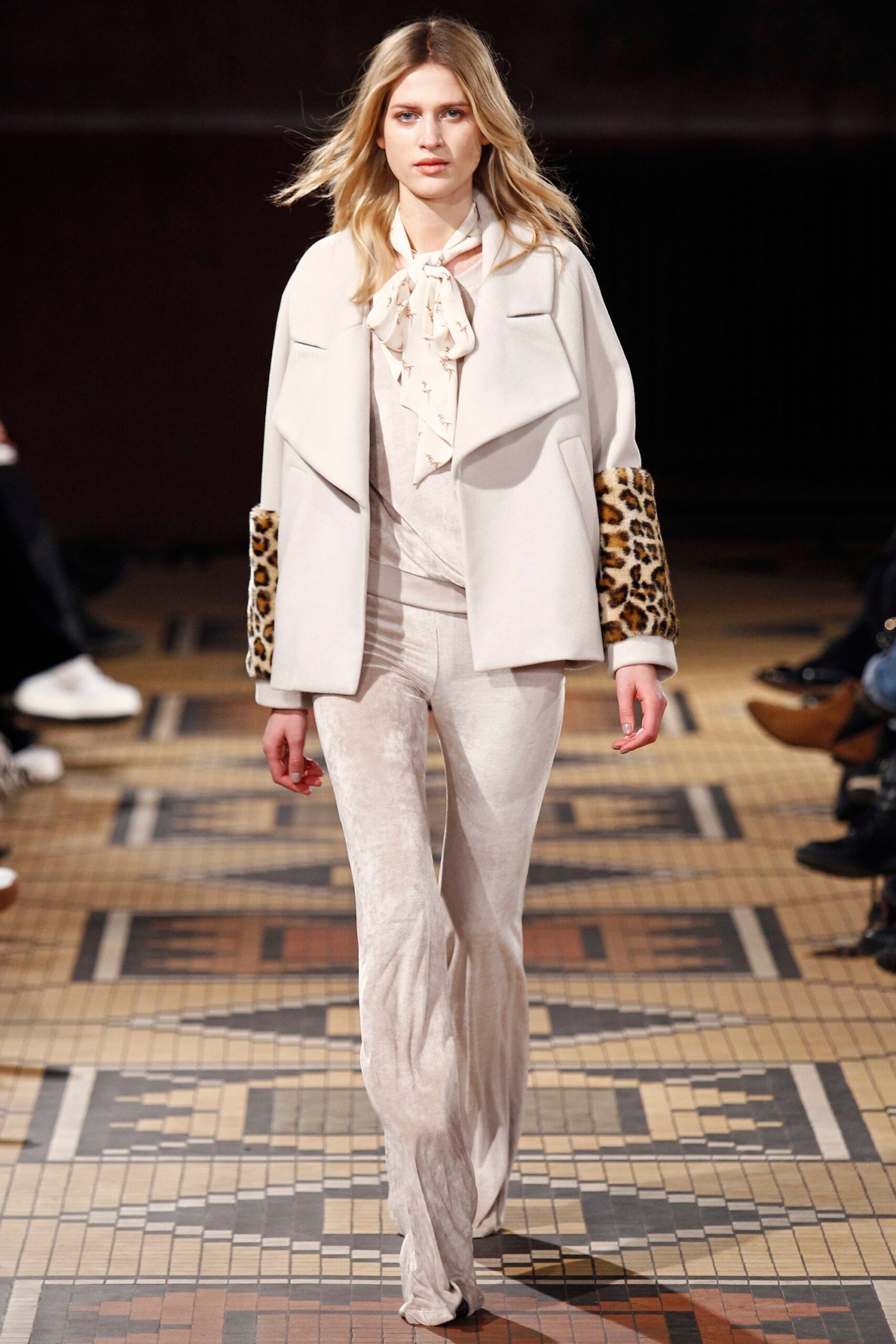 white wool jacket with beige velvet pants