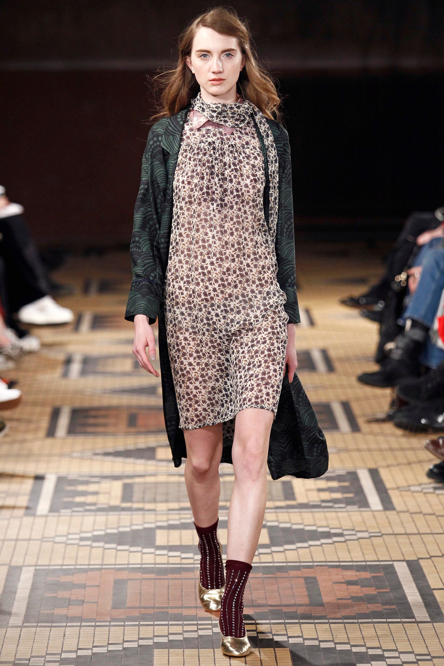 floral short dress with green coat