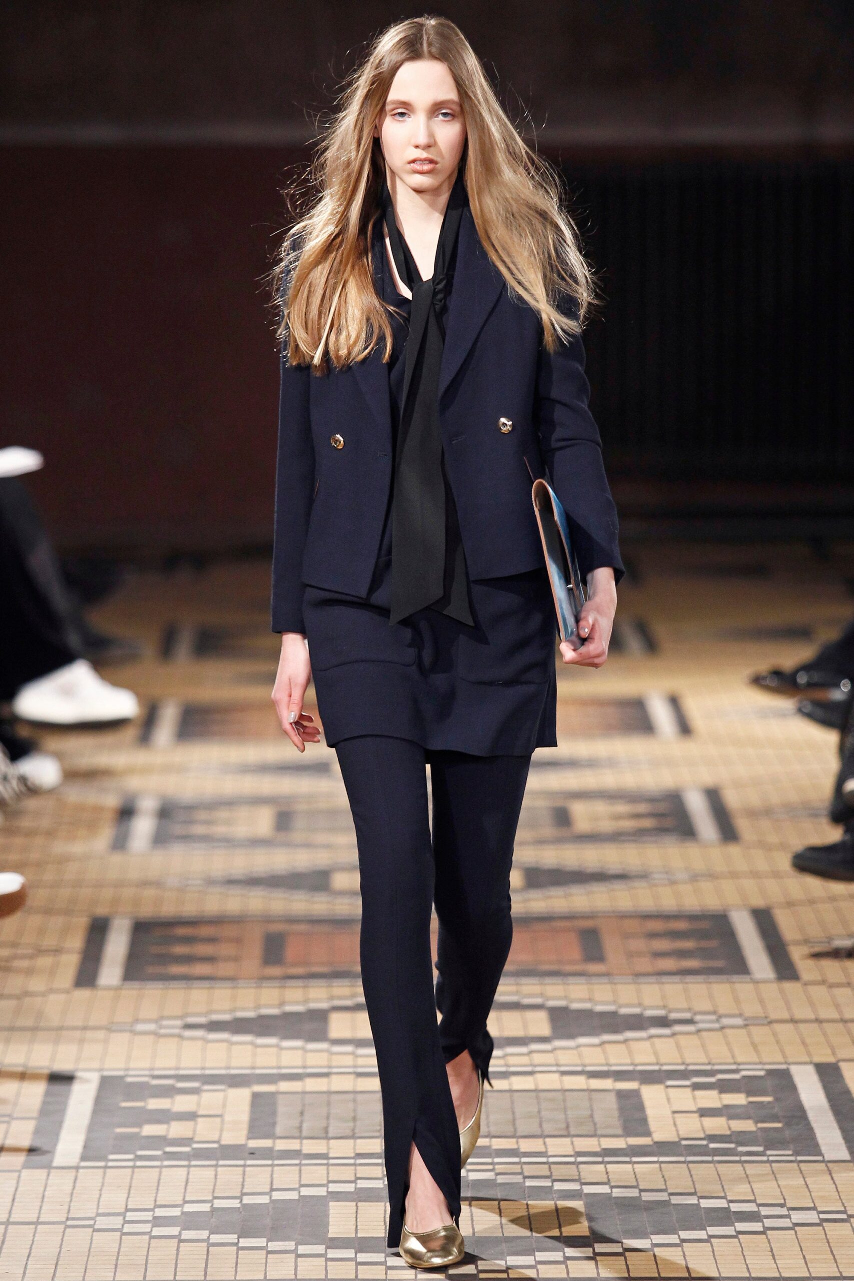 navy tailored blazer with fitted skirt