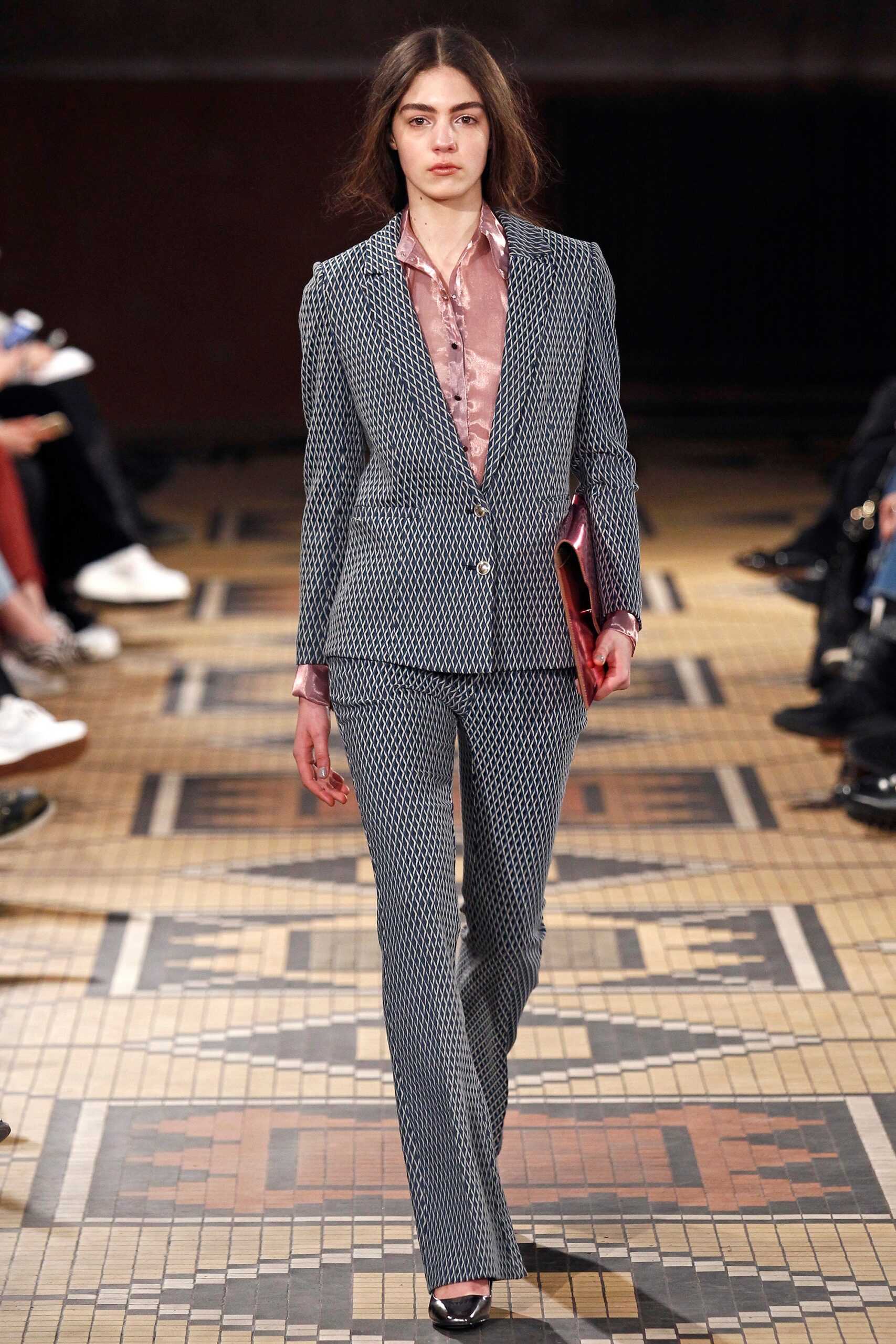 blue and white checked suit