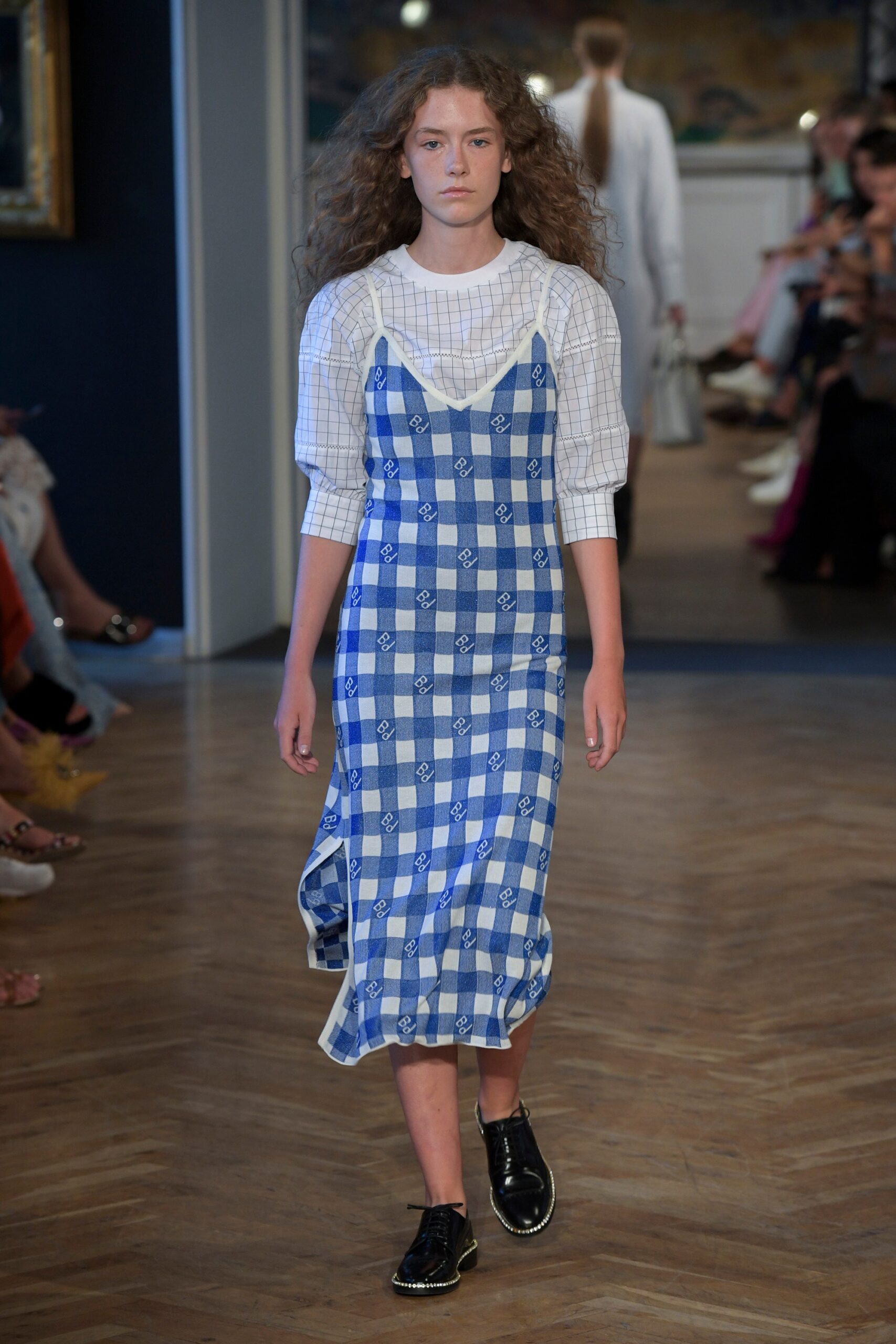 blue and white checked dress with shirt
