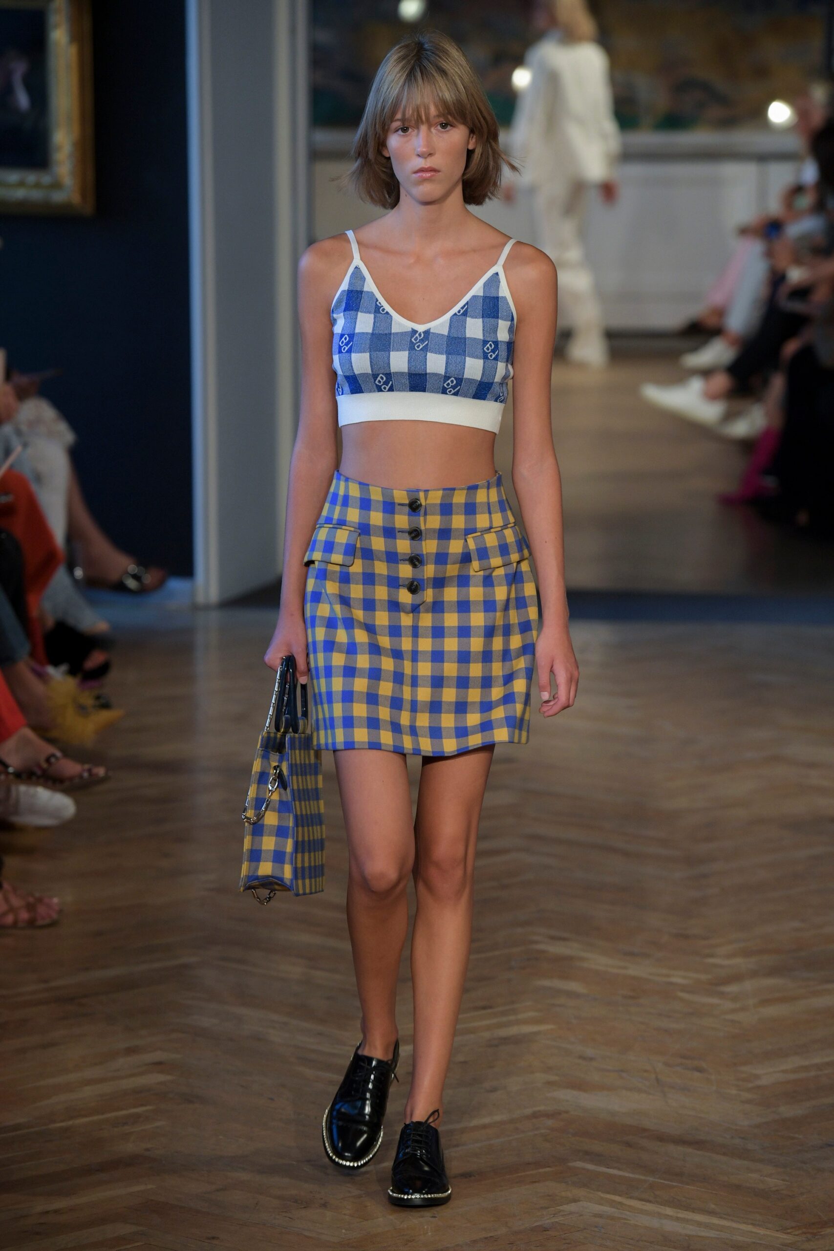 blue and yellow checked outfit