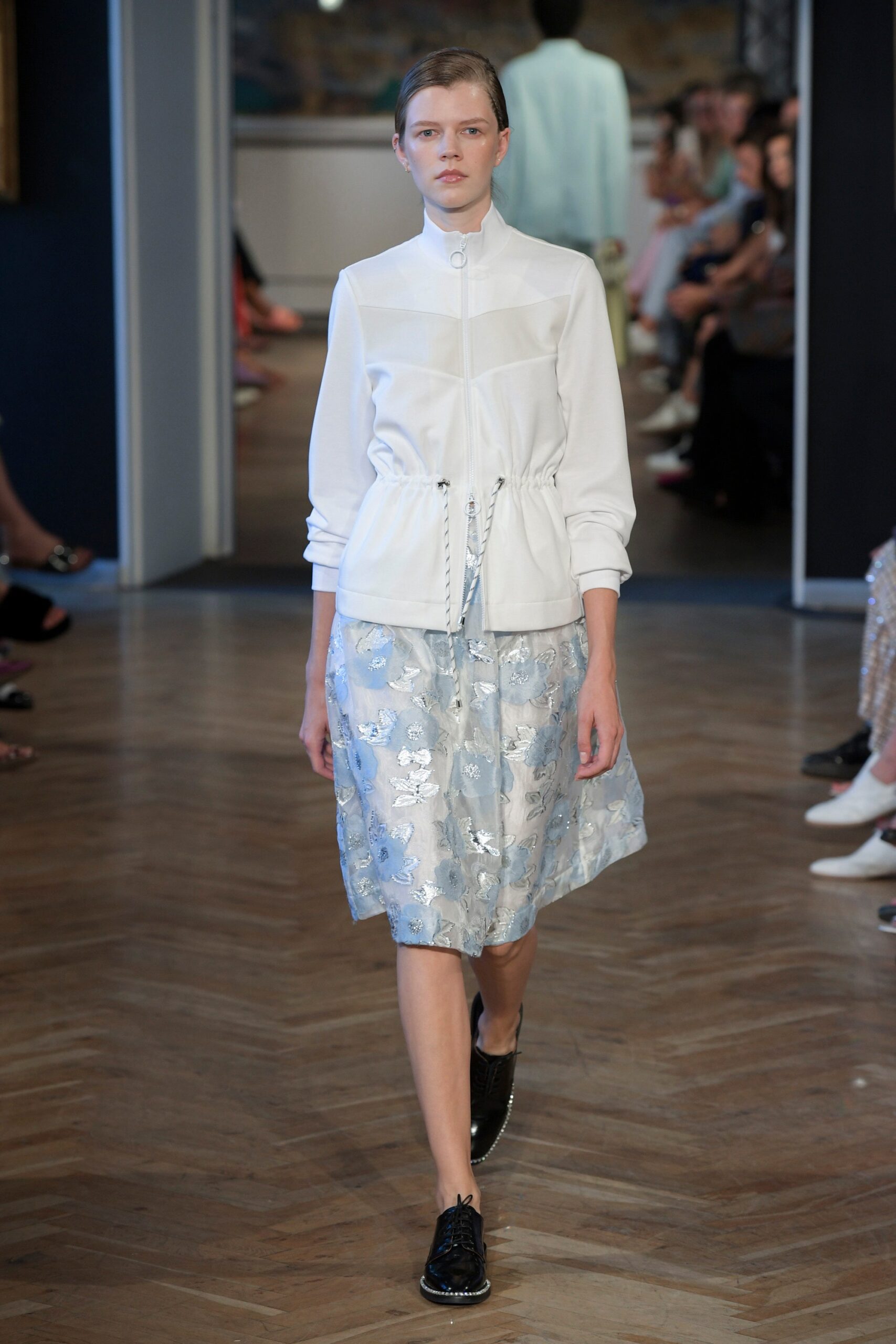 white fitted shirt and blue midi skirt