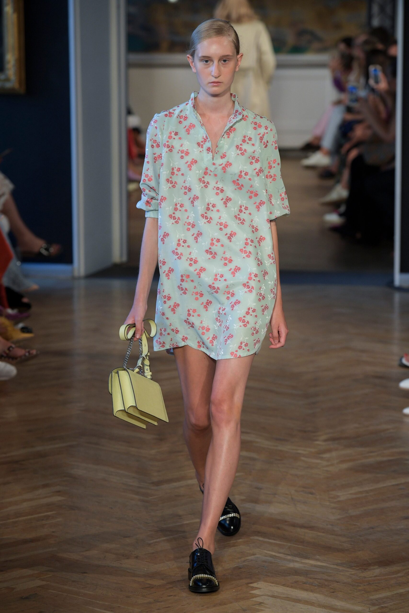 floral green shirt-dress with yellow bag