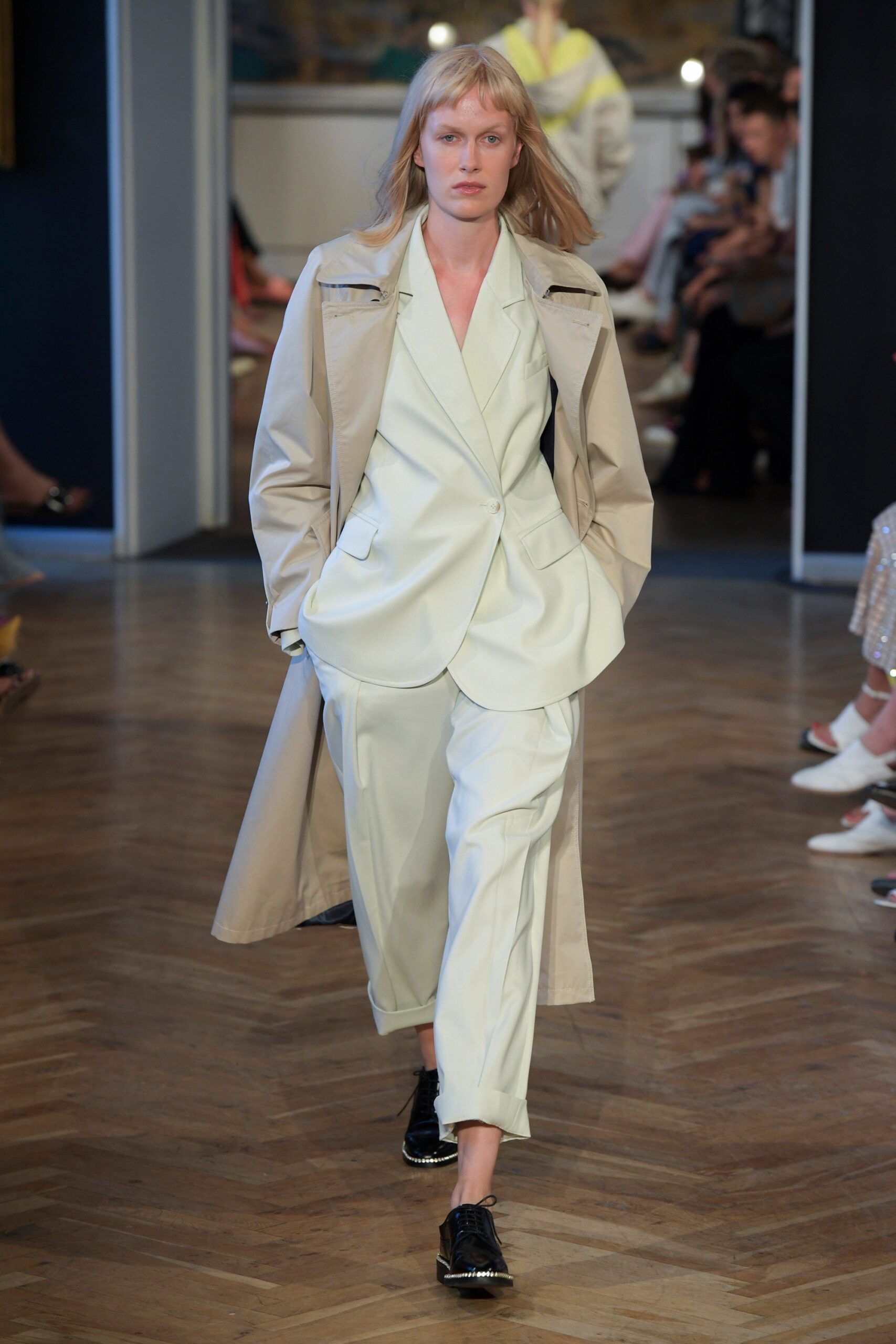 green cotton long-sleeve collared tailored straight-leg suit