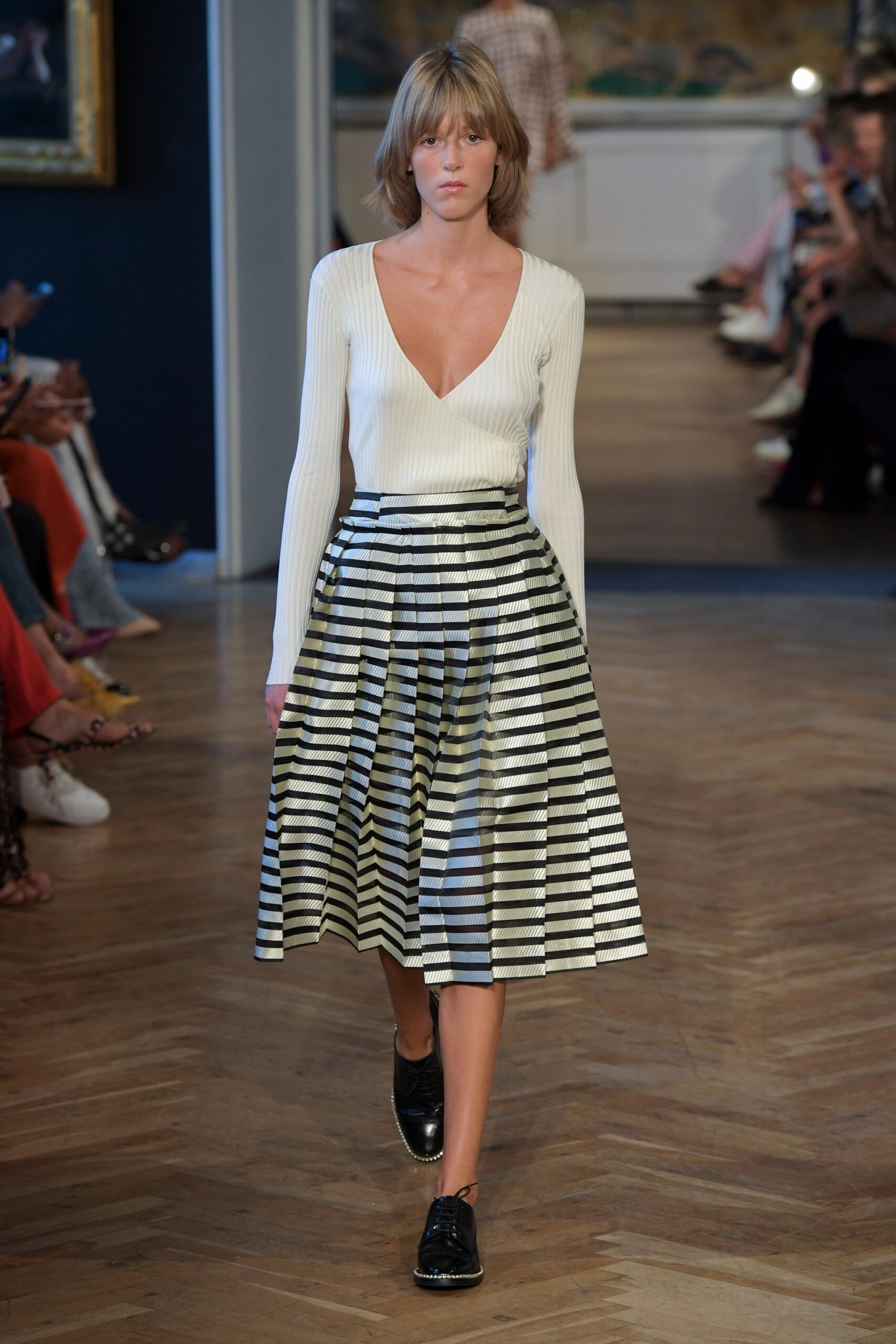 black silk relaxed striped pleated midi skirt