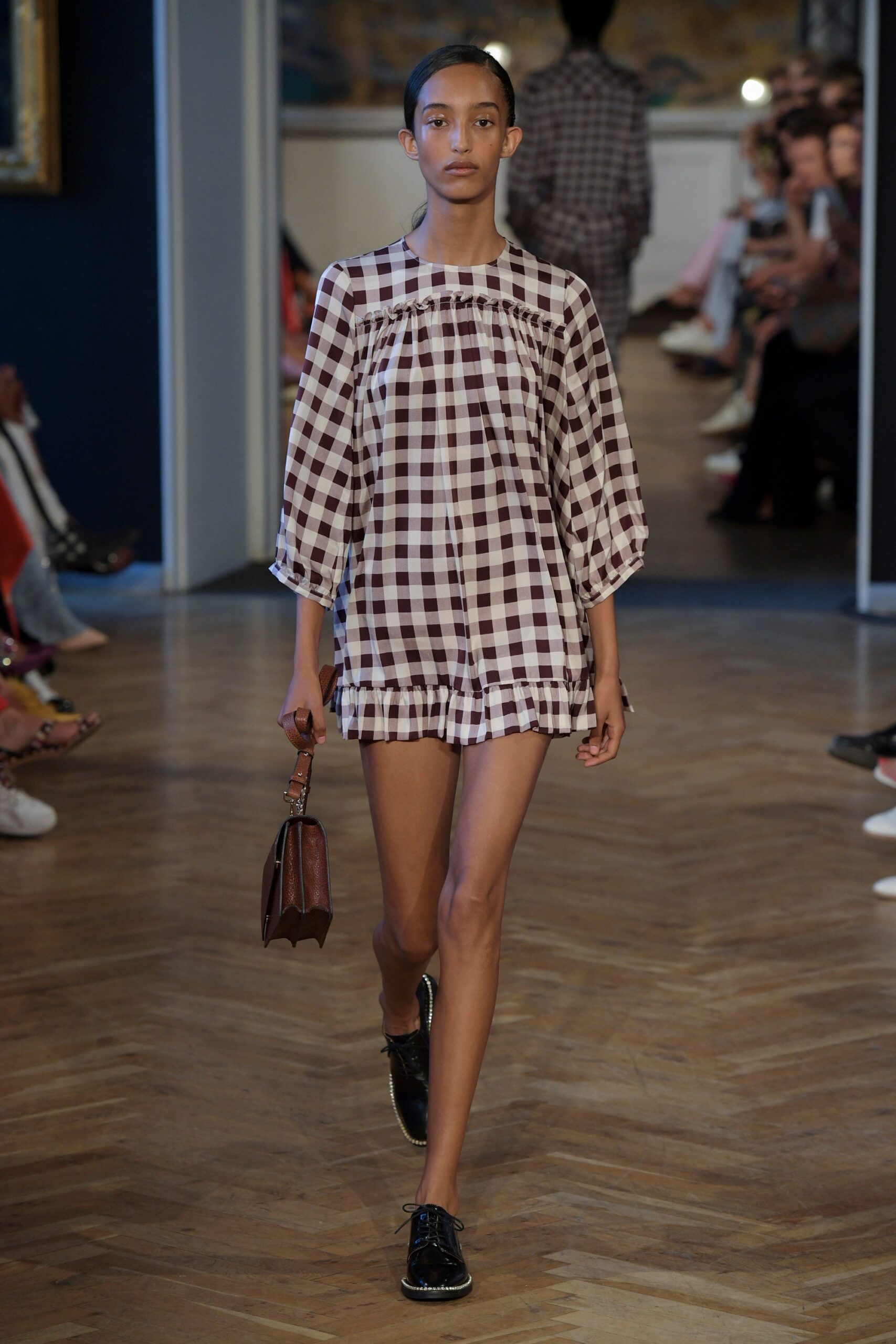 brown and white checked mini dress
