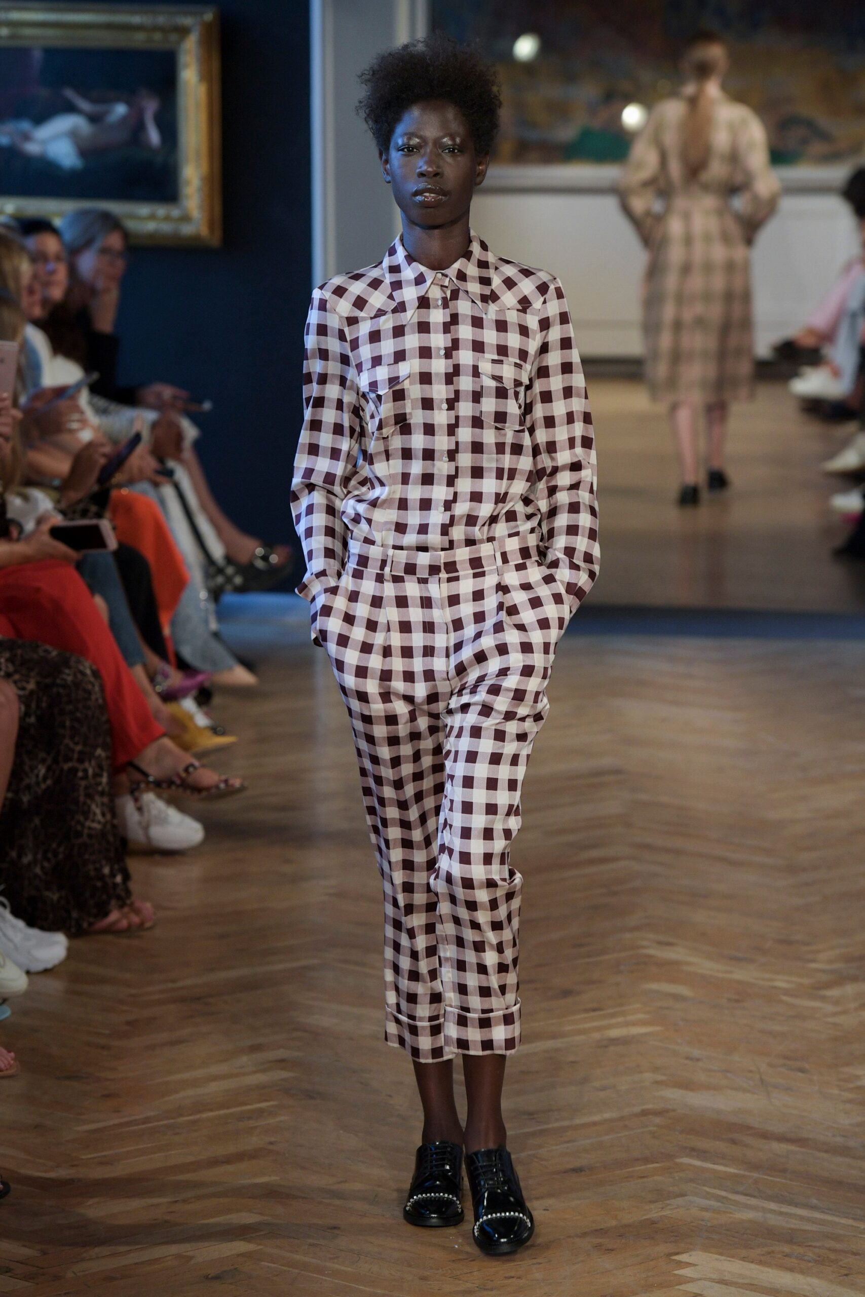 brown and white checked suit