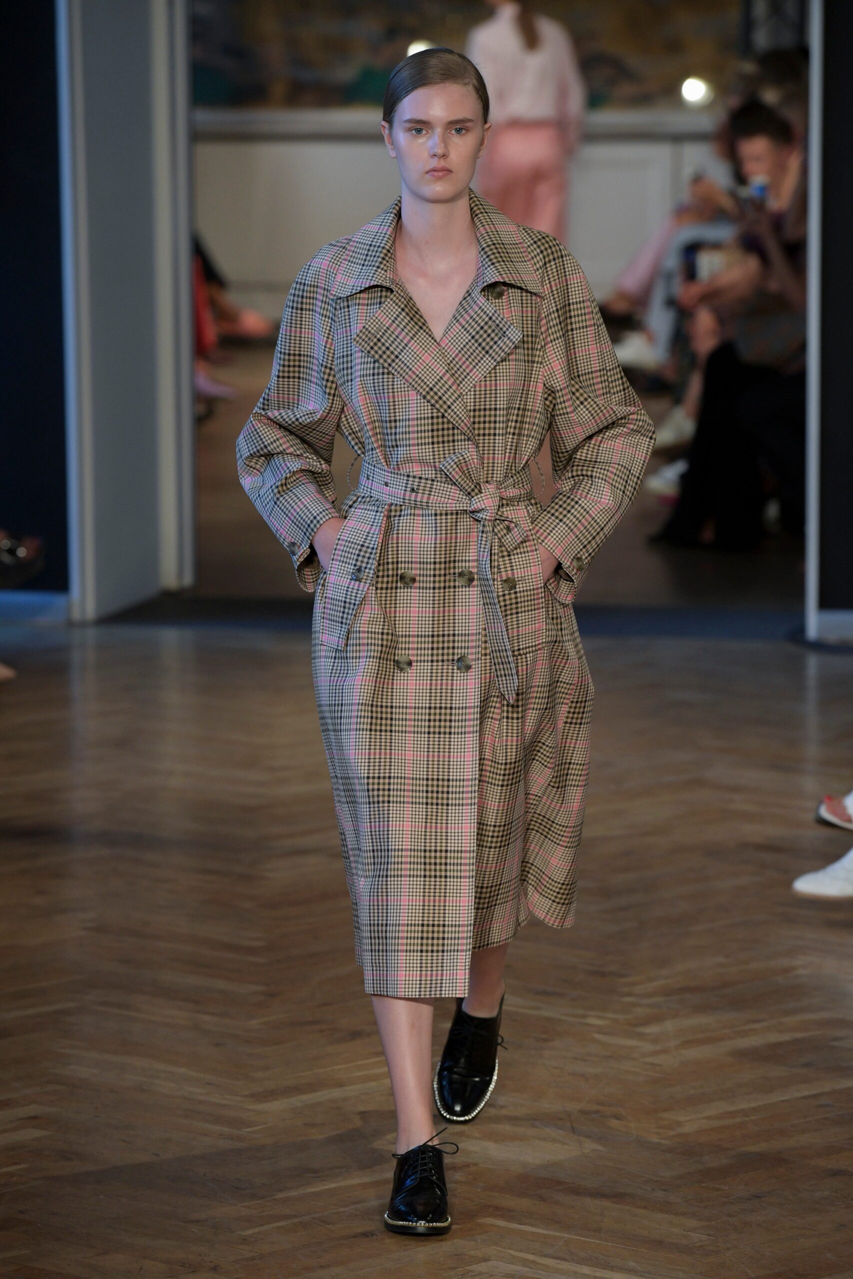 beige checked trench coat
