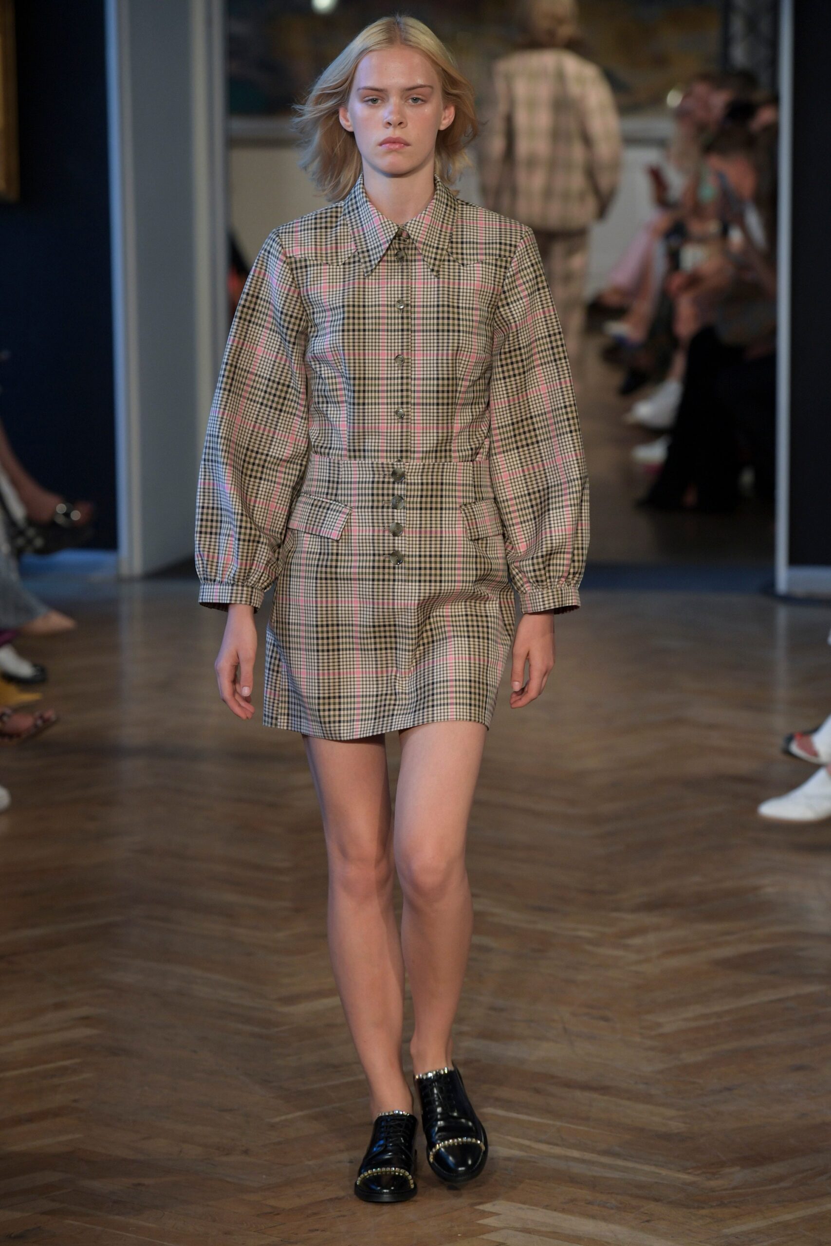 beige brown checked mini dress