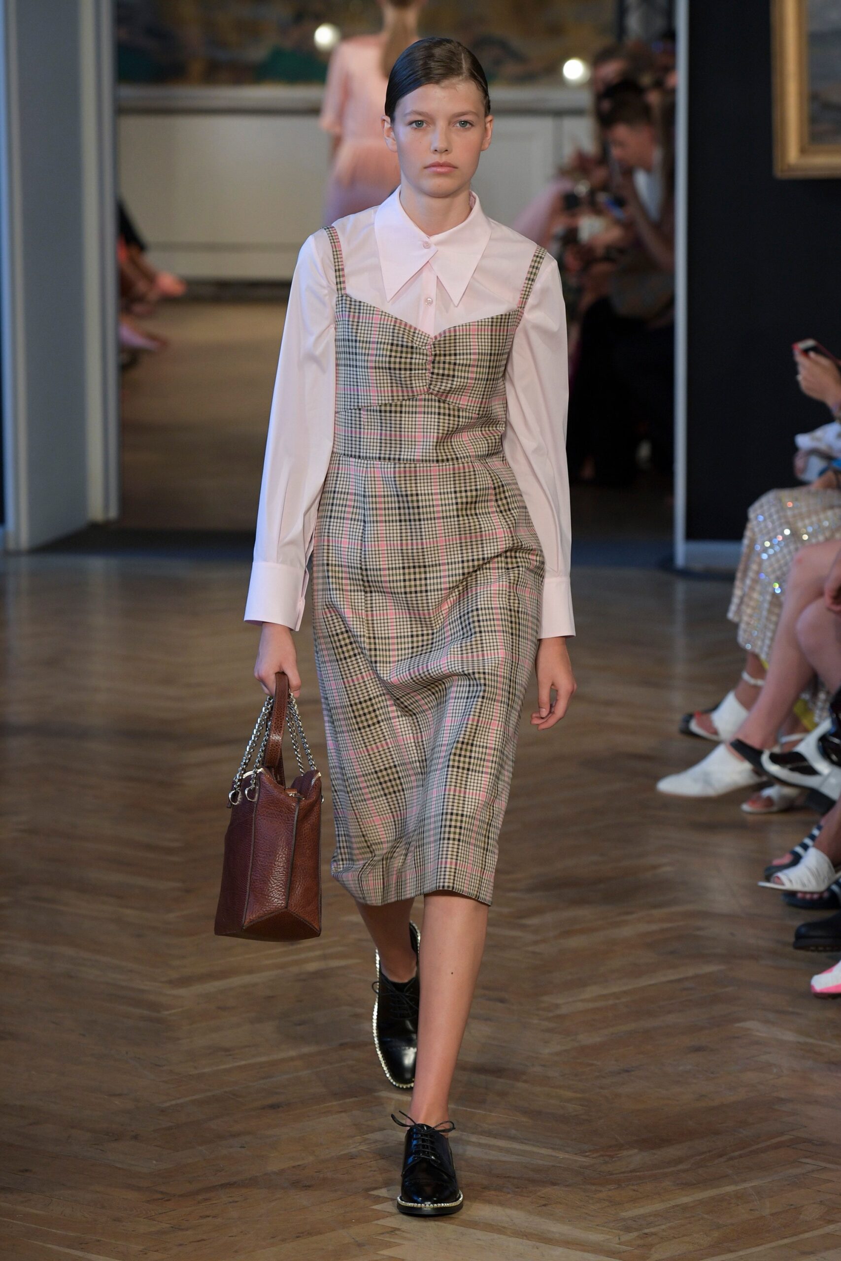 pink checked midi dress with white shirt