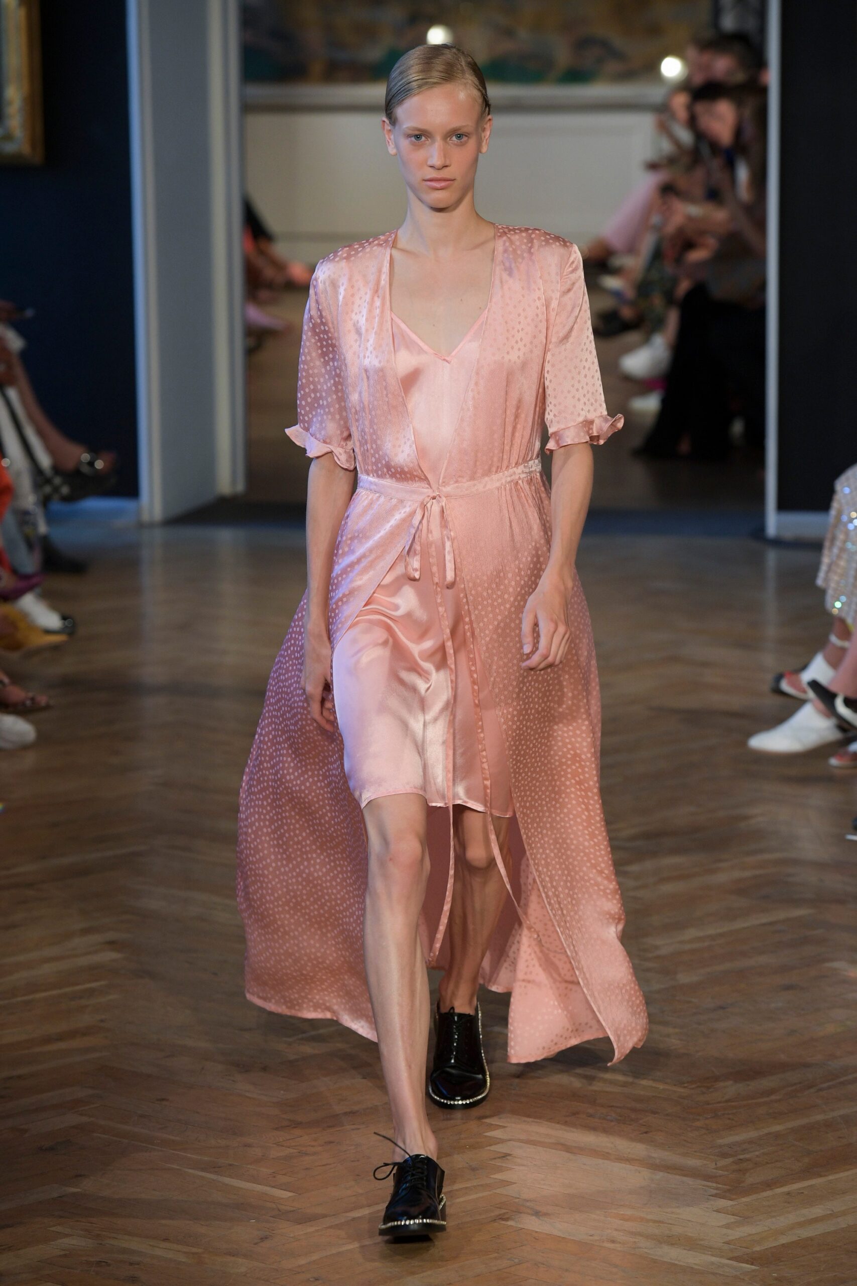pink silk midi dress and coat
