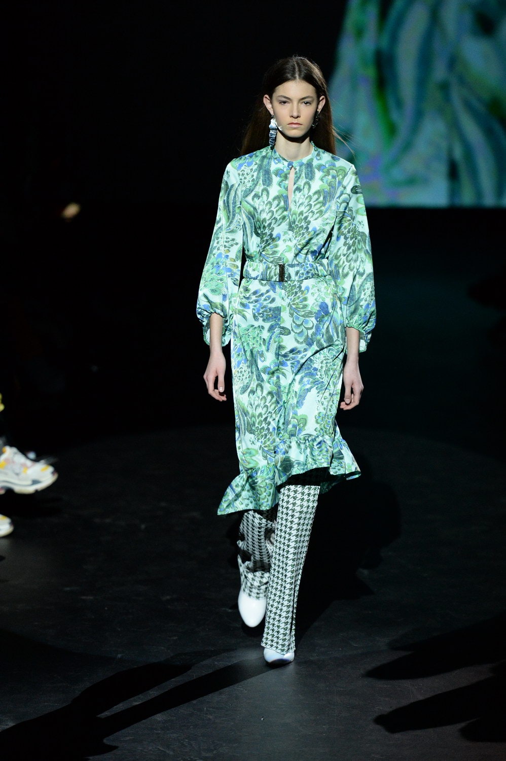 green silk midi dress with ruffles