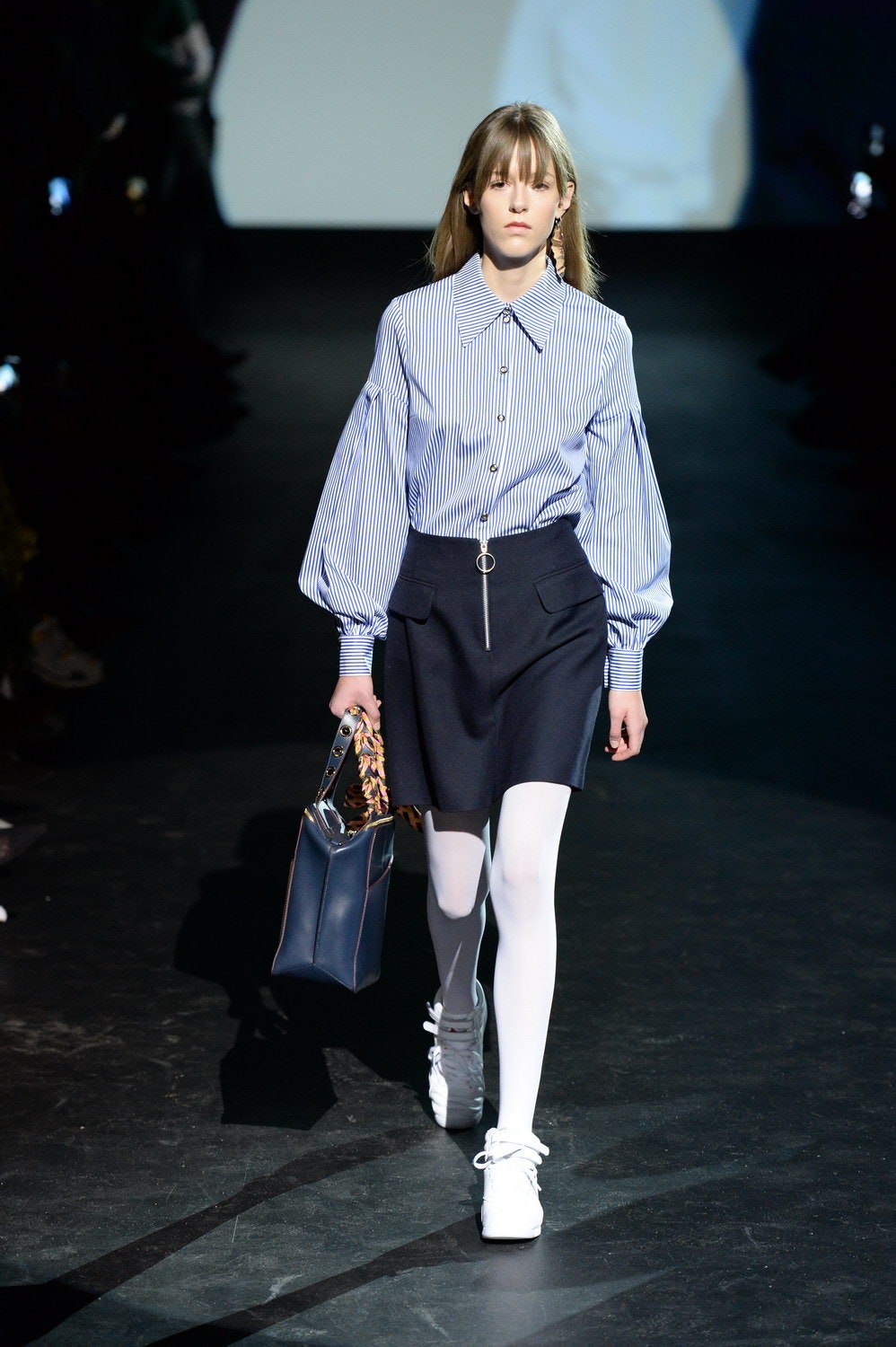 blue striped shirt black pencil skirt