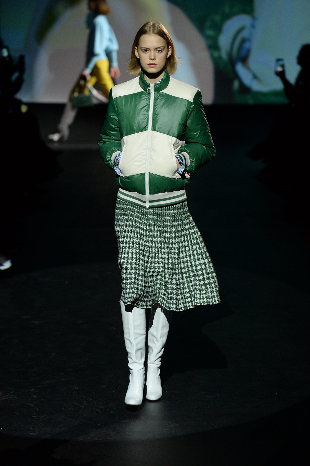 green and white color-blocked jacket with midi skirt