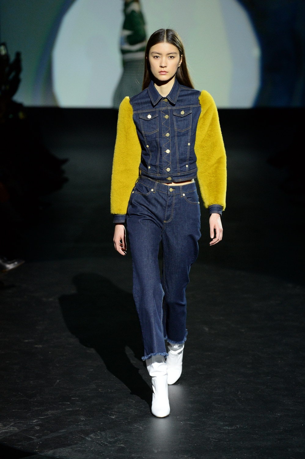 blue denim long-sleeve collared fitted buttoned jacket