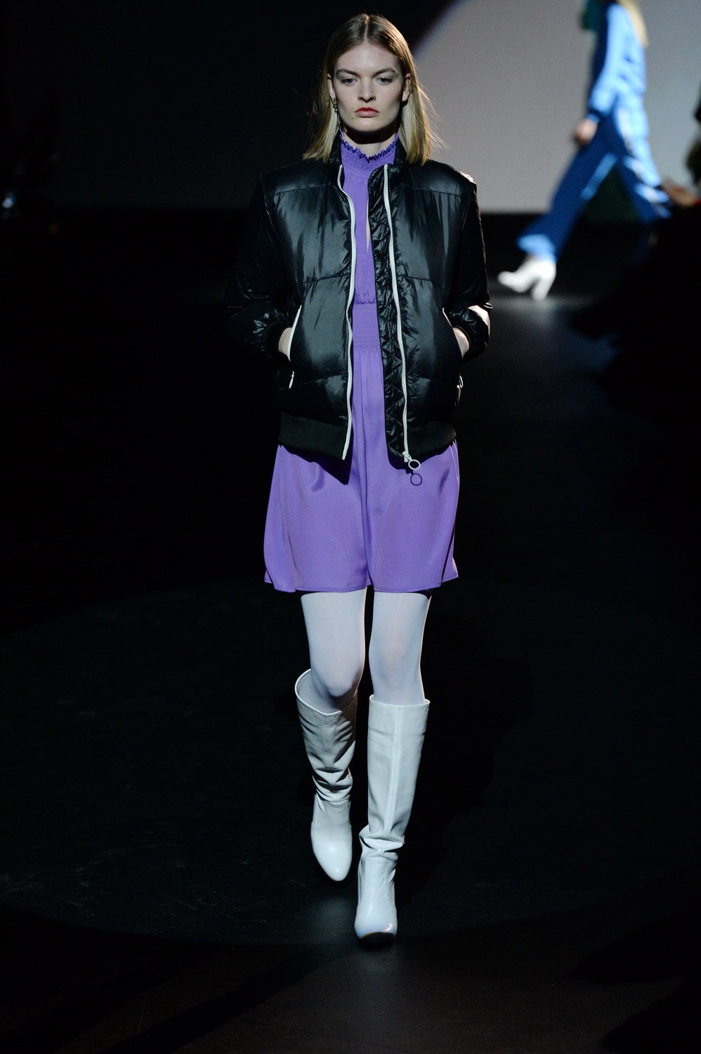purple mini dress with black jacket