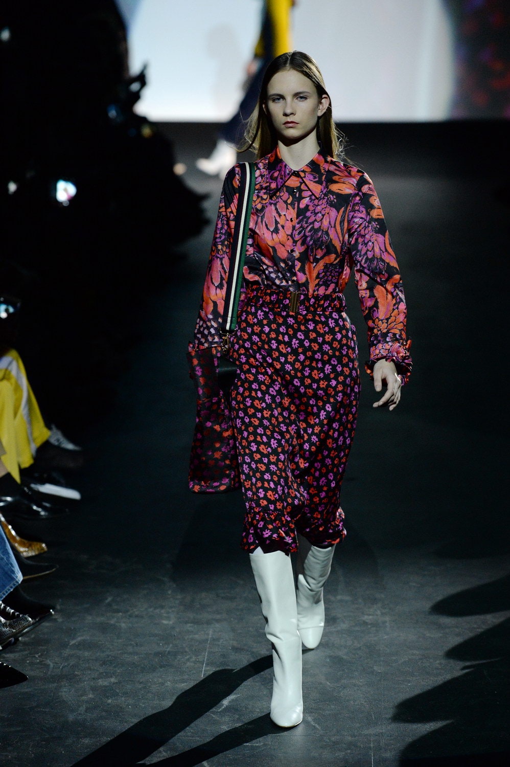 floral midi dress with white boots