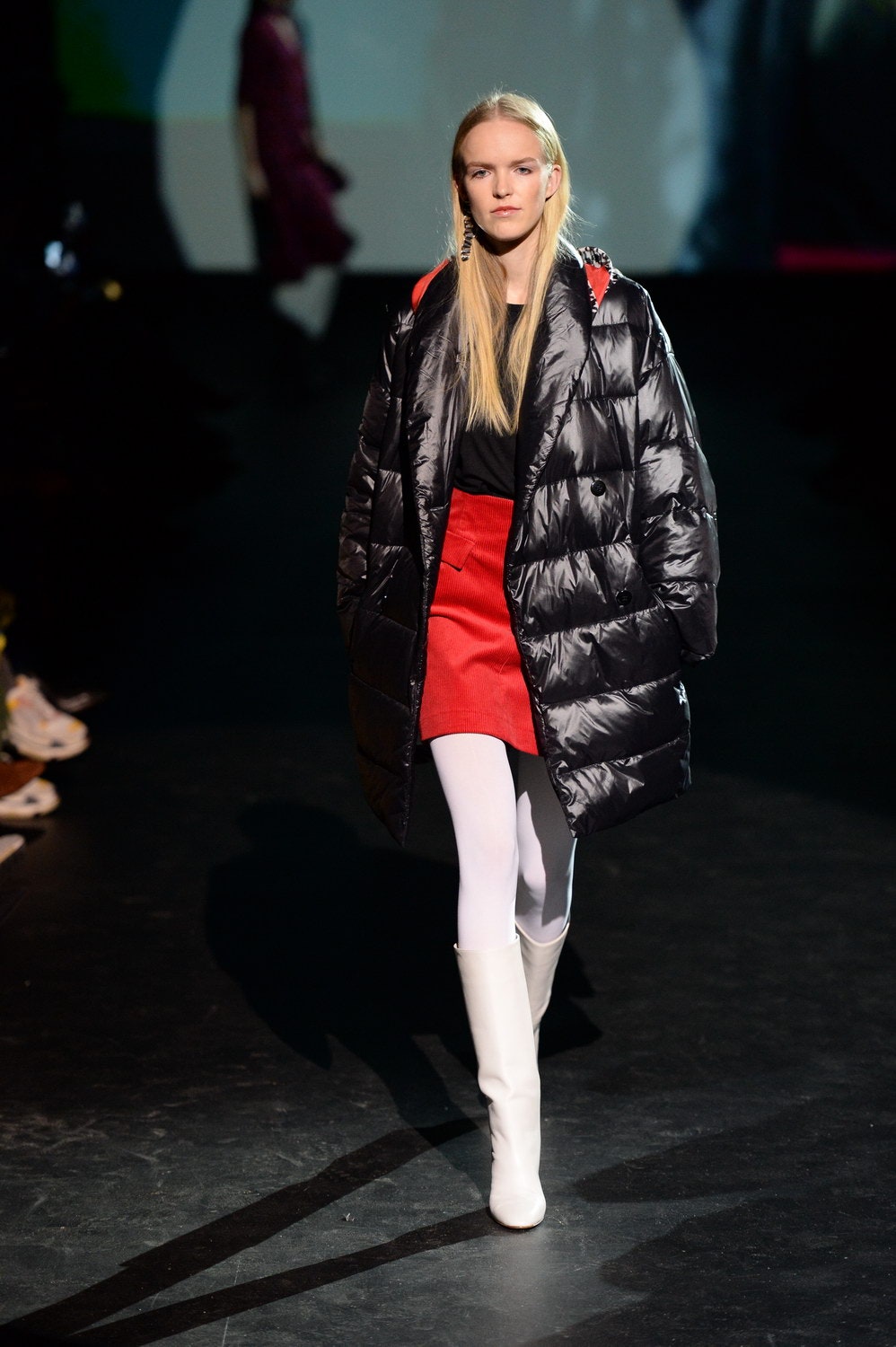 black vinyl coat red mini skirt