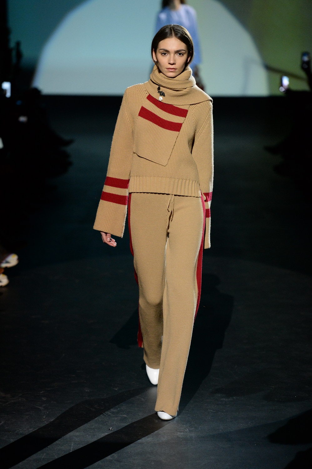 beige fitted knit sweater and pants