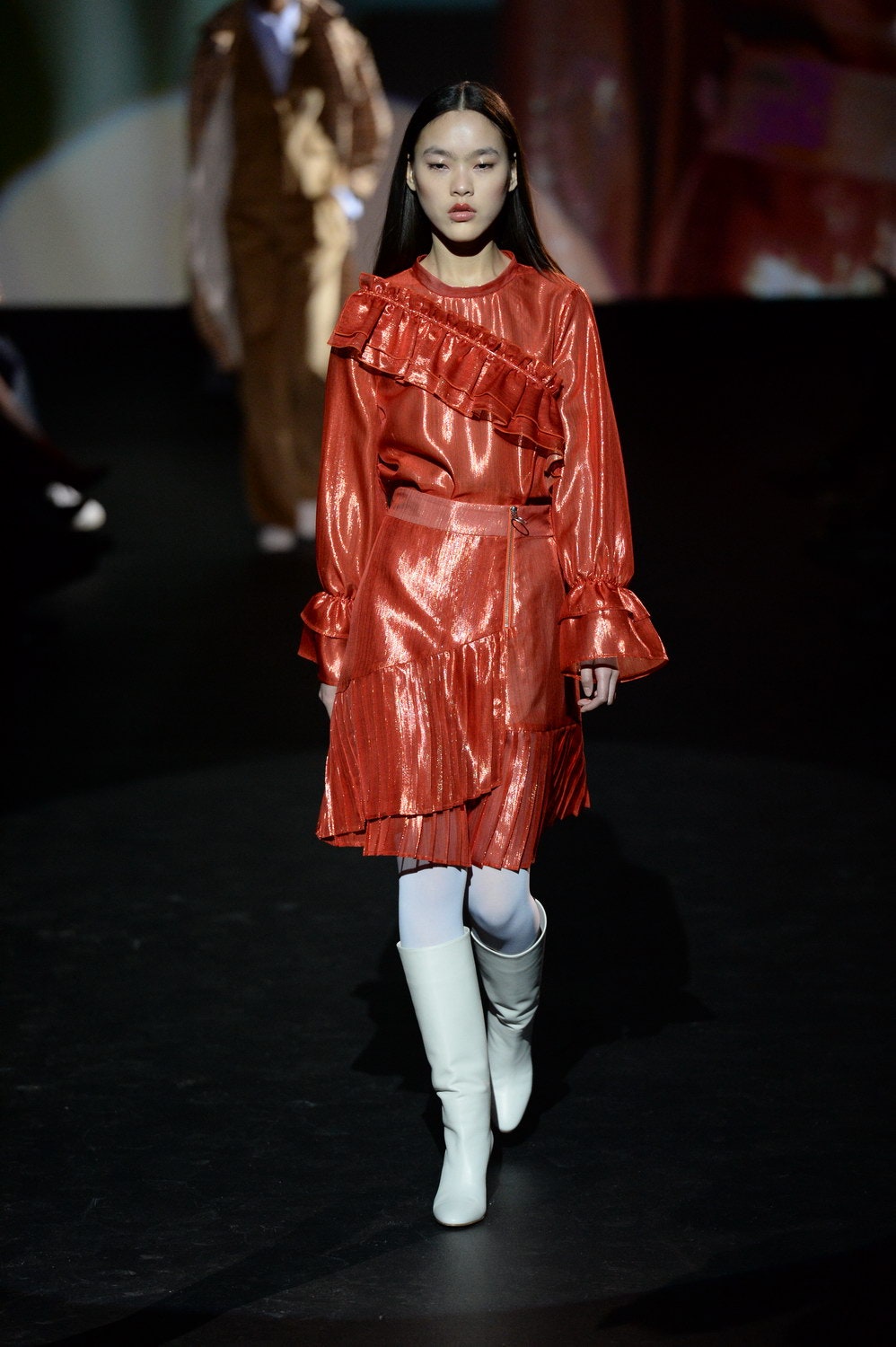 red silk long-sleeve v-neck fitted ruffled pleated top