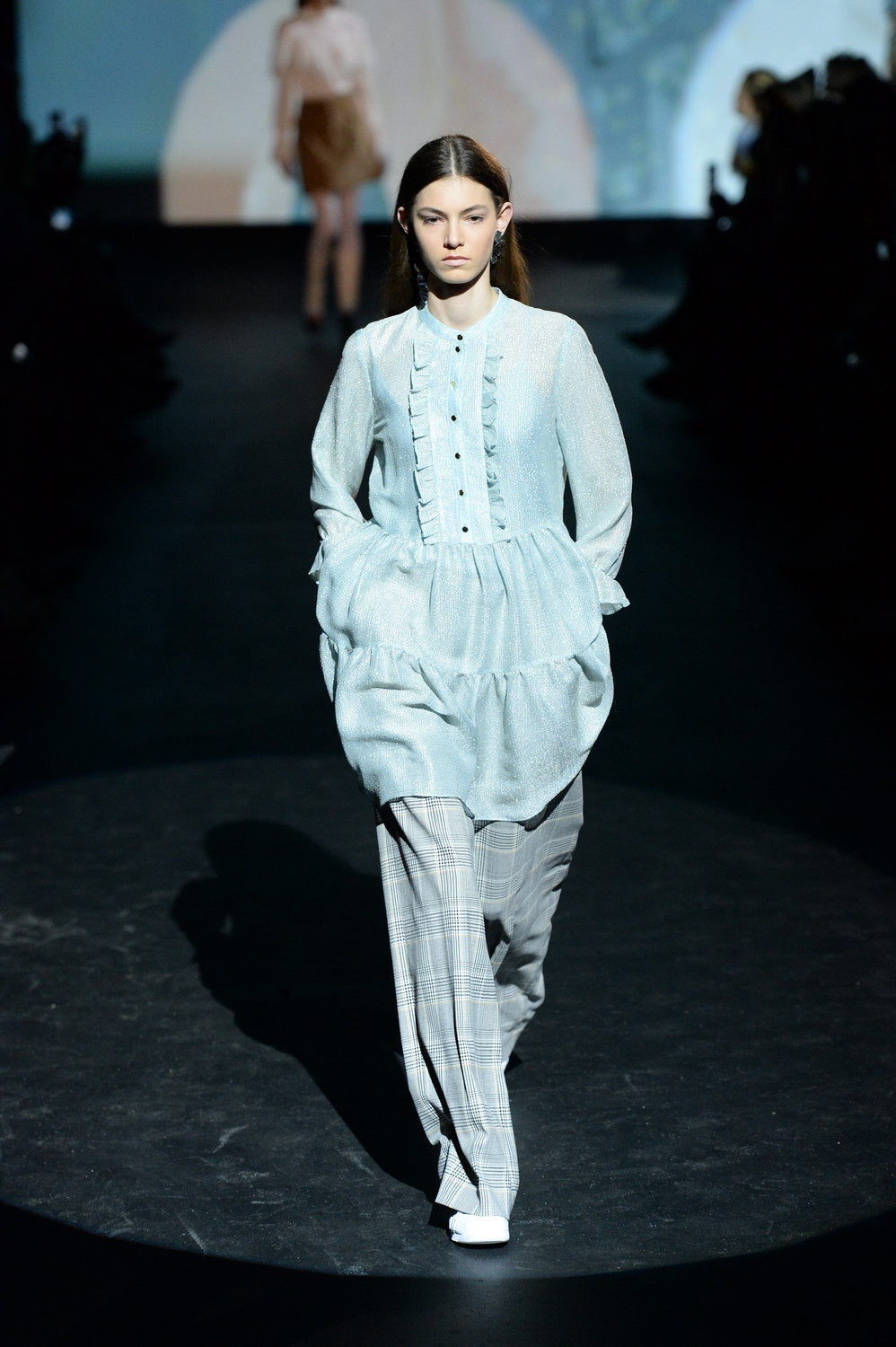 blue silk relaxed blouse with gray checked pants