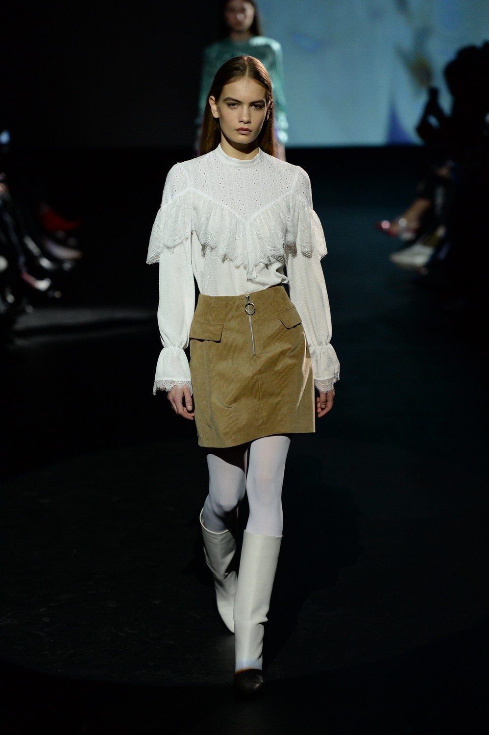 white ruffled blouse beige pencil skirt