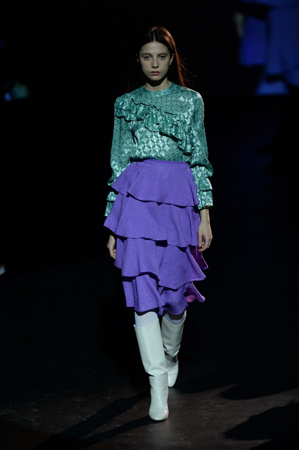 green ruffled blouse purple tiered skirt