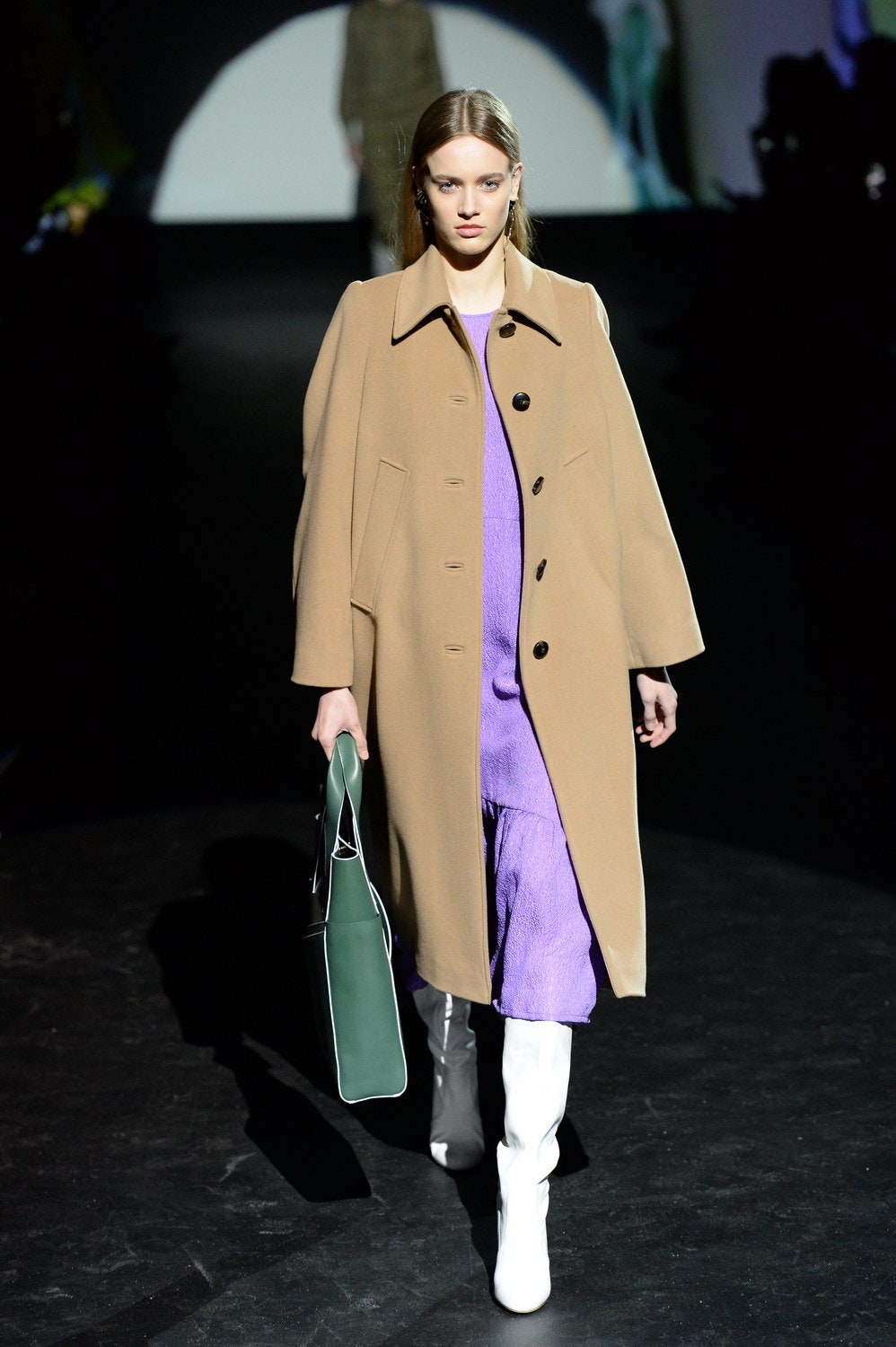 beige coat purple dress white boots