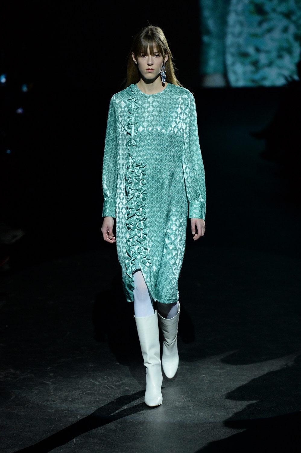 green silk relaxed midi dress with white boots