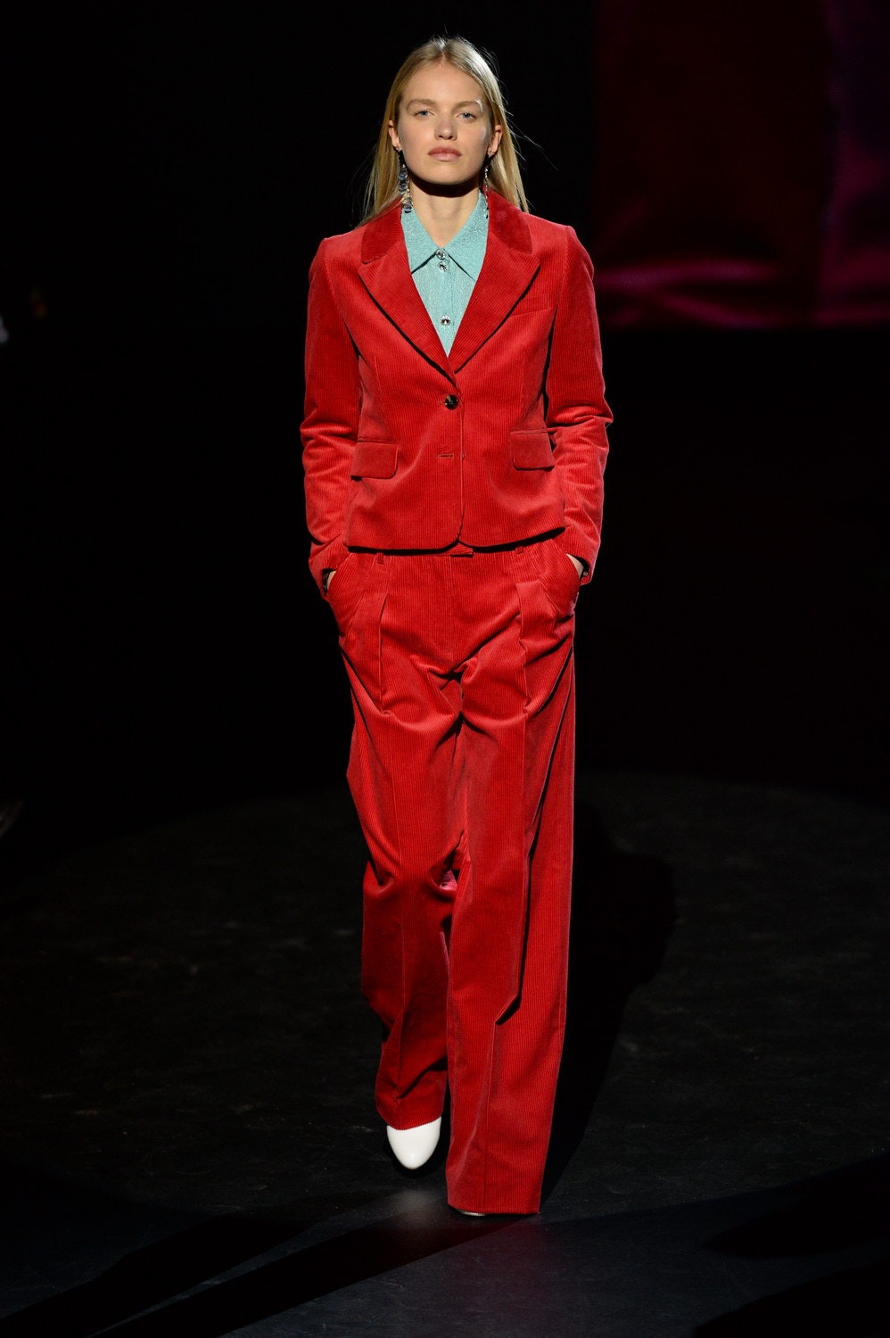 red velvet long-sleeve collared tailored buttoned wide-leg suit