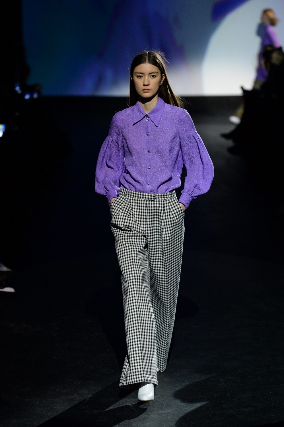 purple relaxed shirt with checked pants