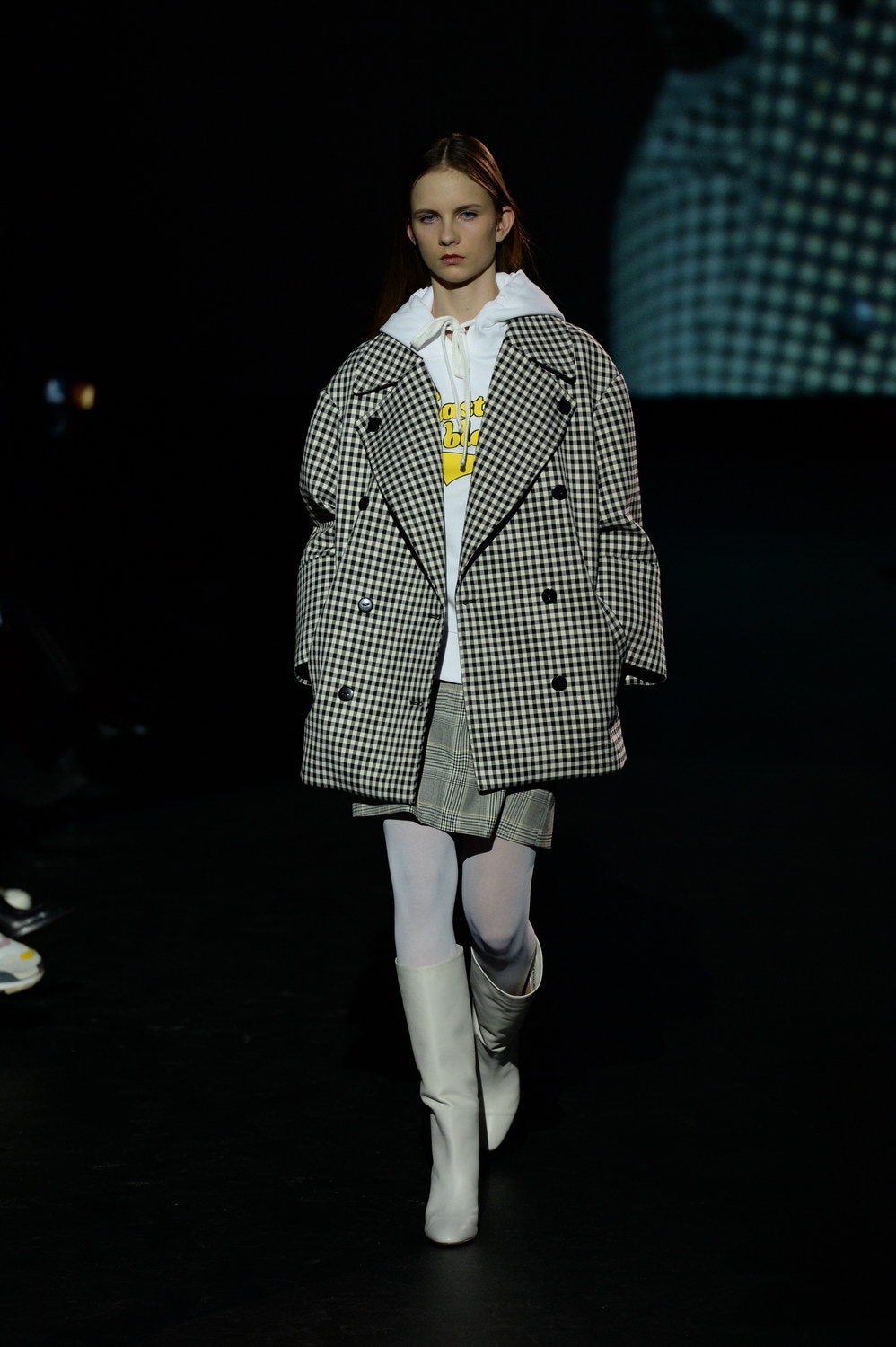 oversized checked coat with hoodie