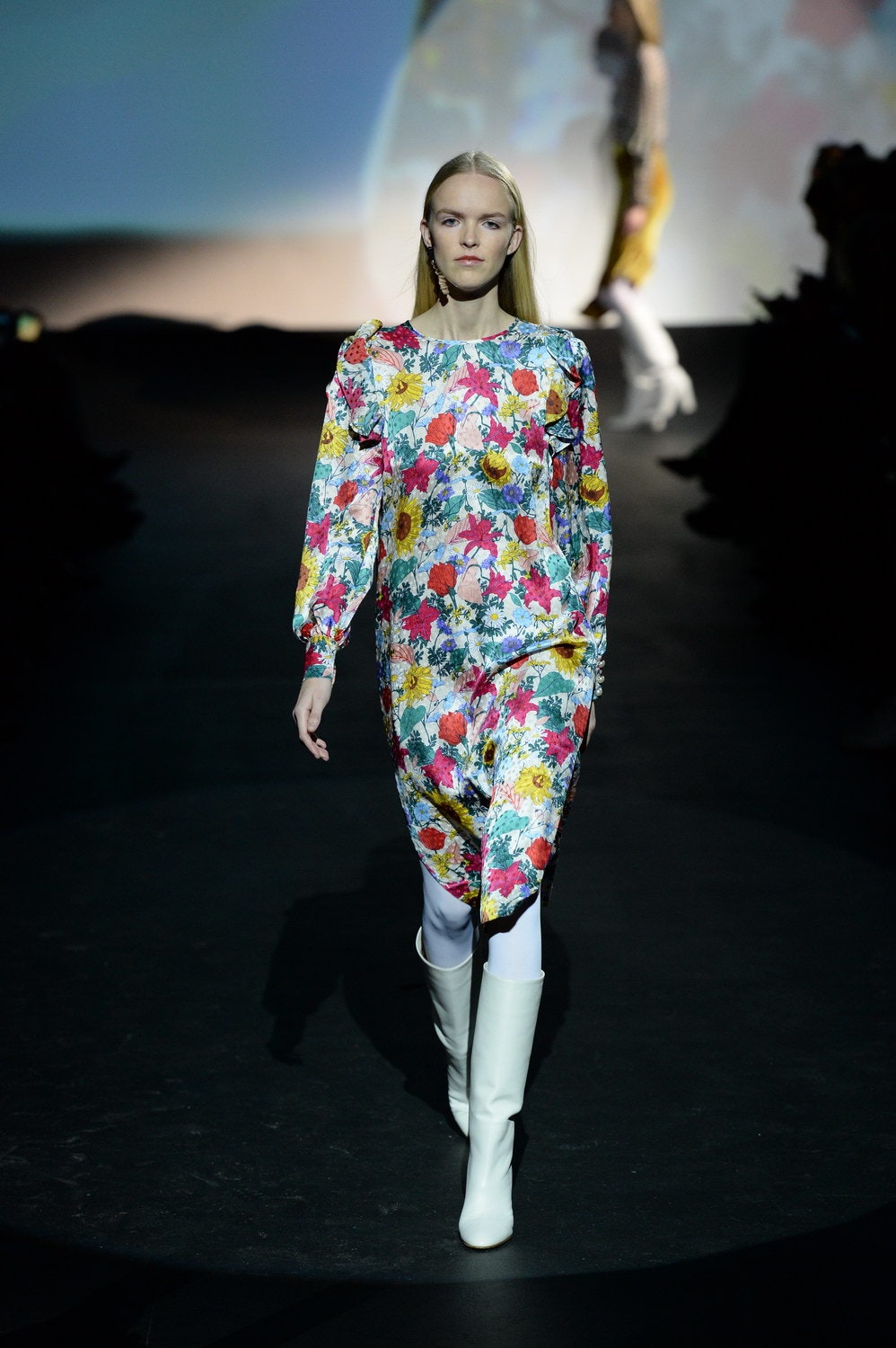 floral midi dress with white boots