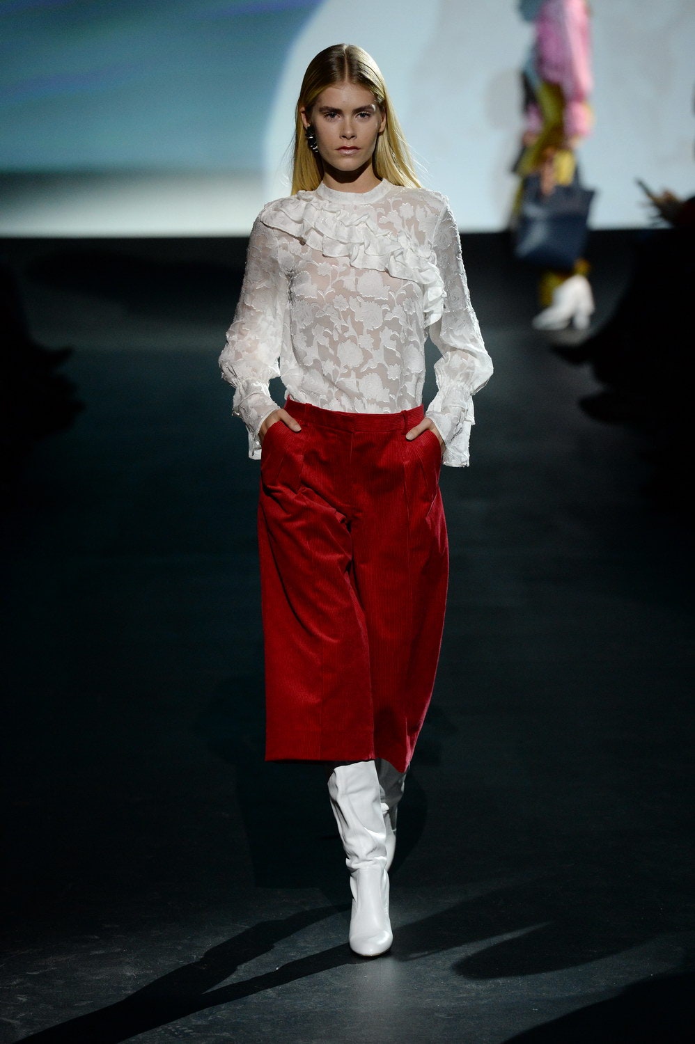 white lace long-sleeve high-neck fitted ruffled blouse