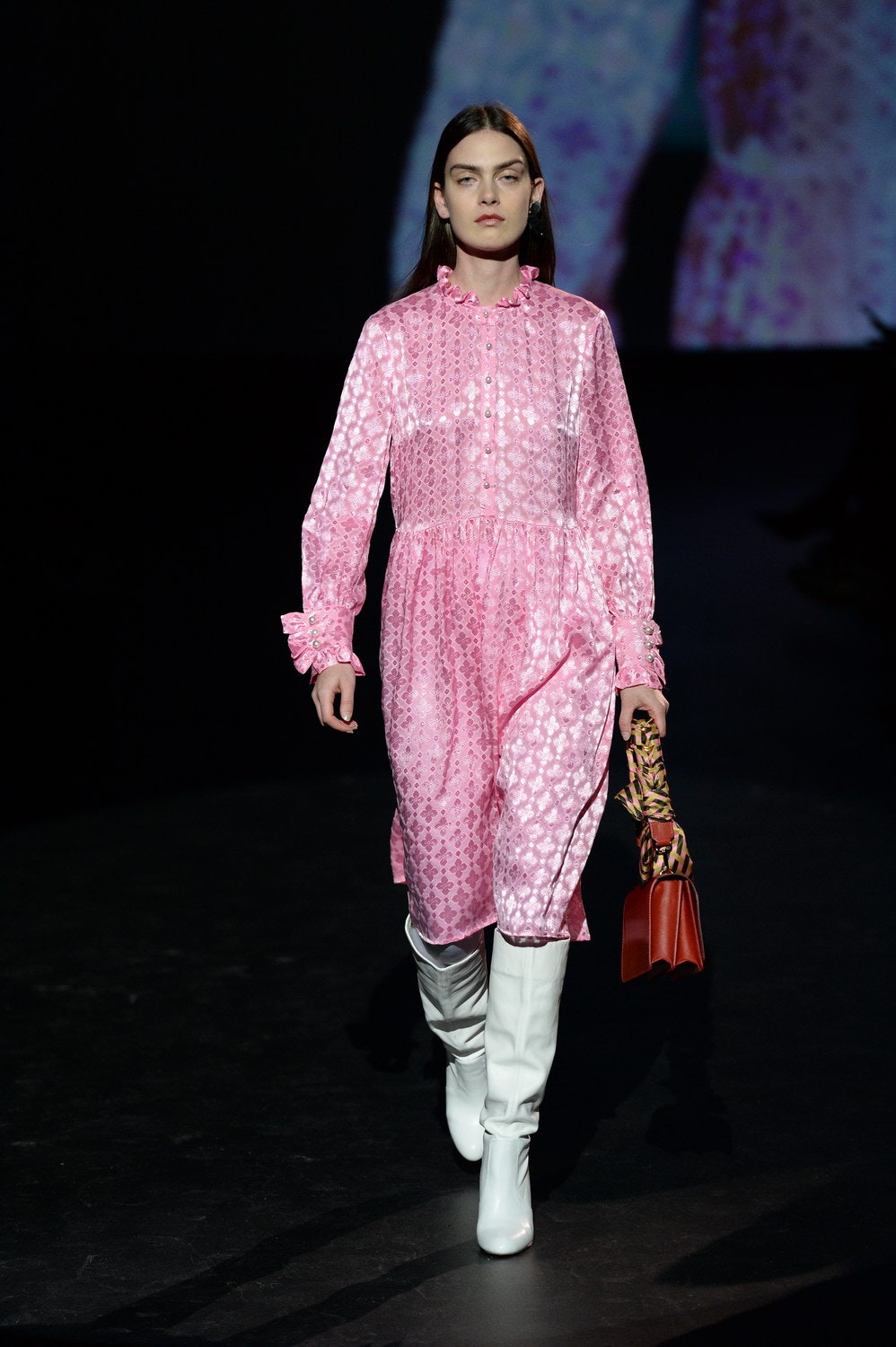 pink pleated midi dress