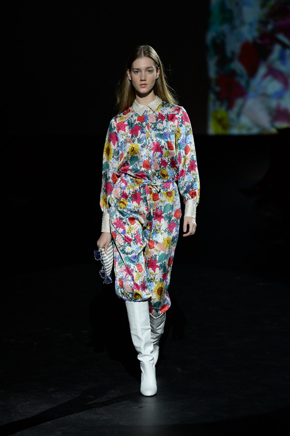 floral long-sleeve dress with white boots