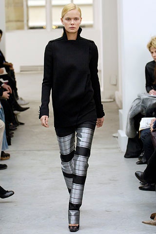 gray metallic slim straight-leg shiny pants